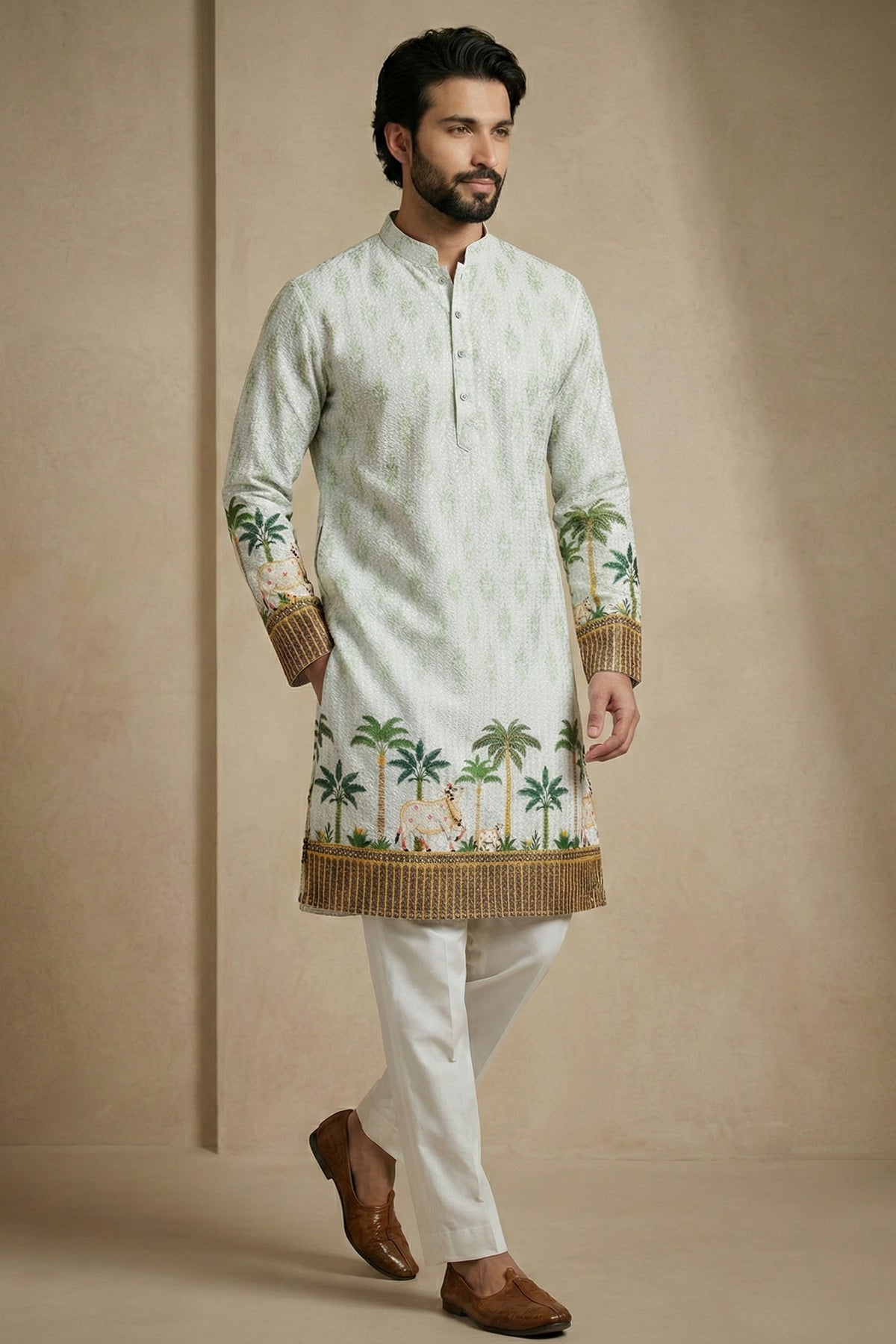 Green Cotton Printed Kurta Pajama