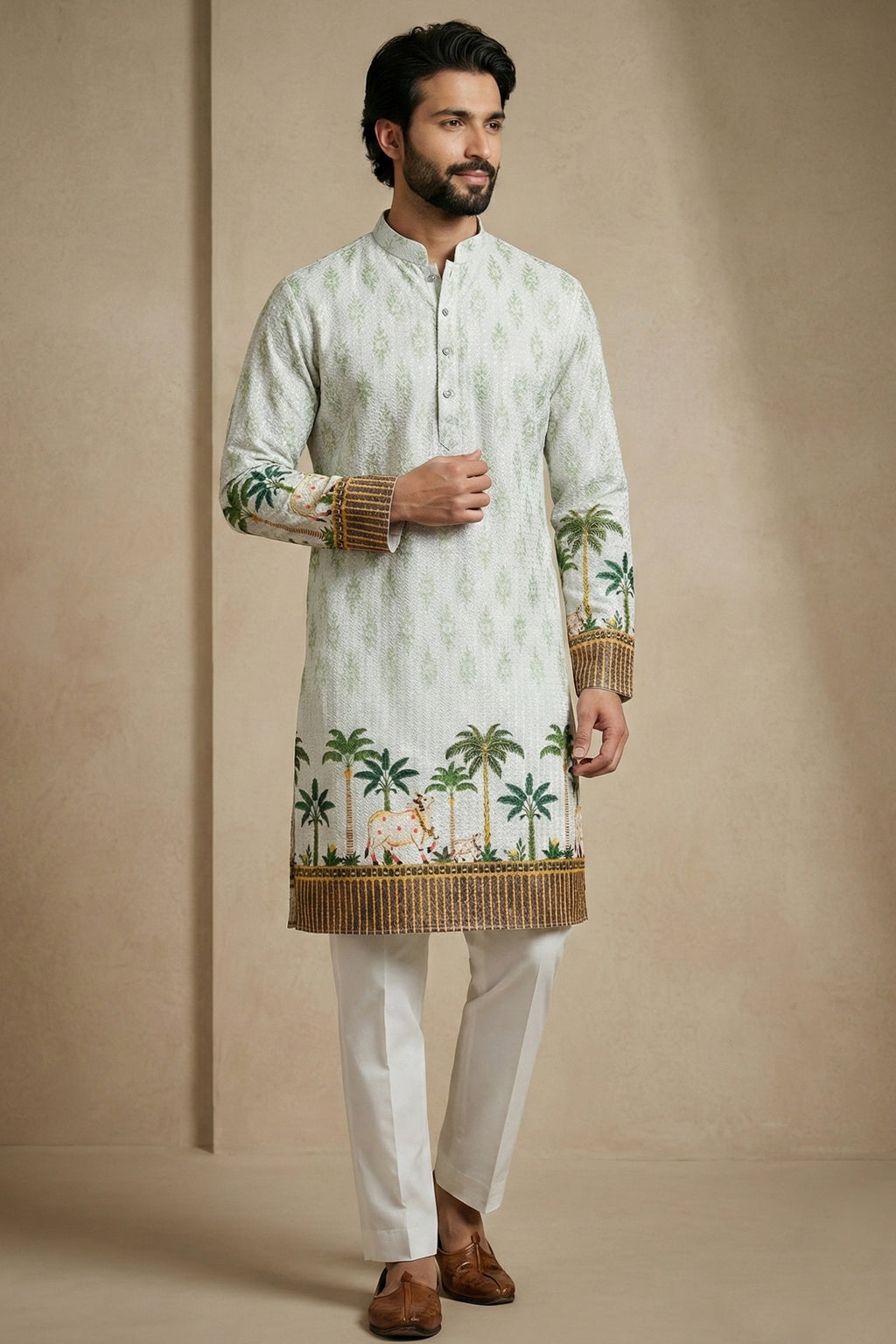 Green Cotton Printed Kurta Pajama