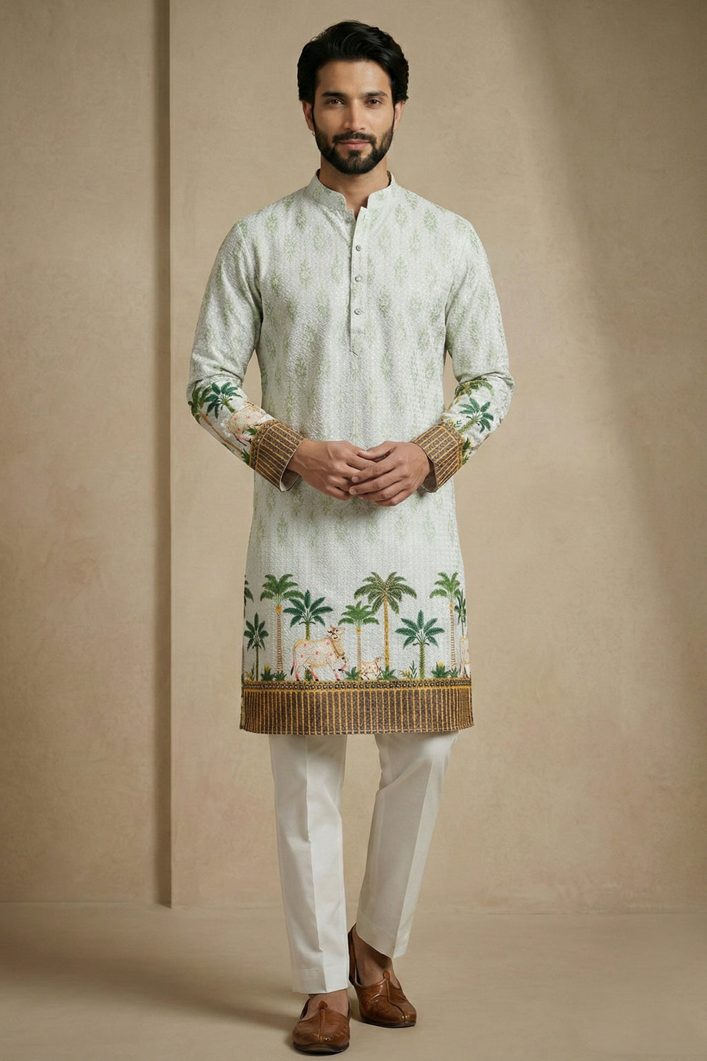 Green Cotton Printed Kurta Pajama