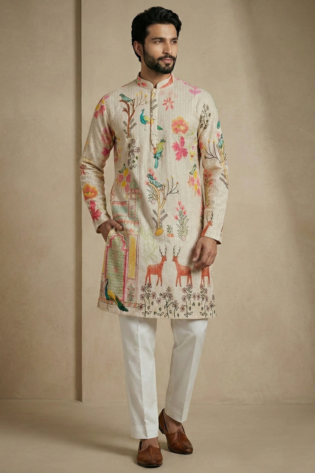 Beige Cotton Digital Printed Kurta Pajama