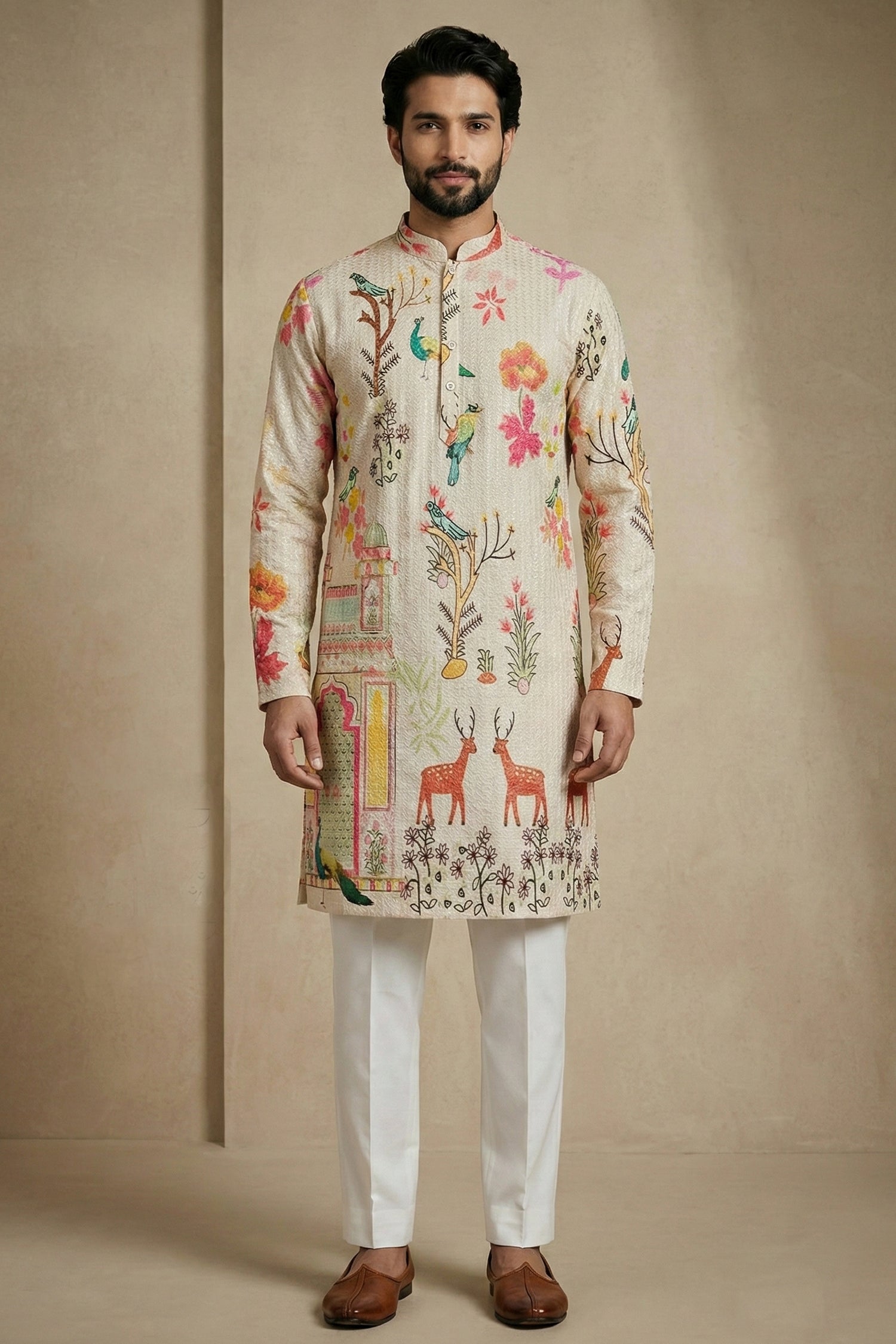 Beige Cotton Digital Printed Kurta Pajama Main image