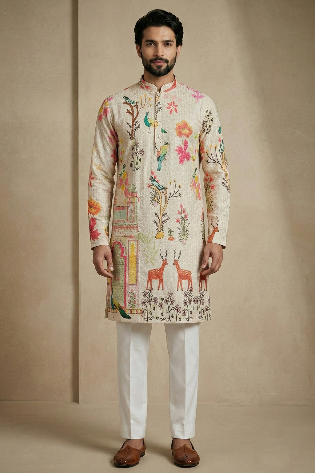 Beige Cotton Digital Printed Kurta Pajama