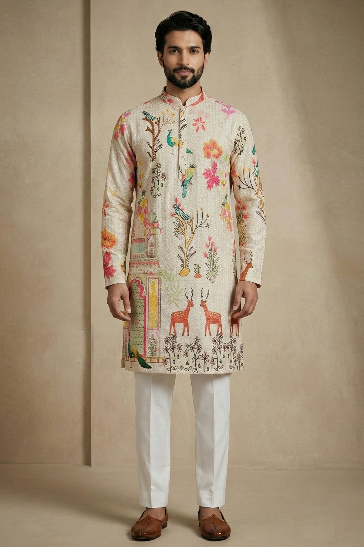 Beige Cotton Digital Printed Kurta Pajama