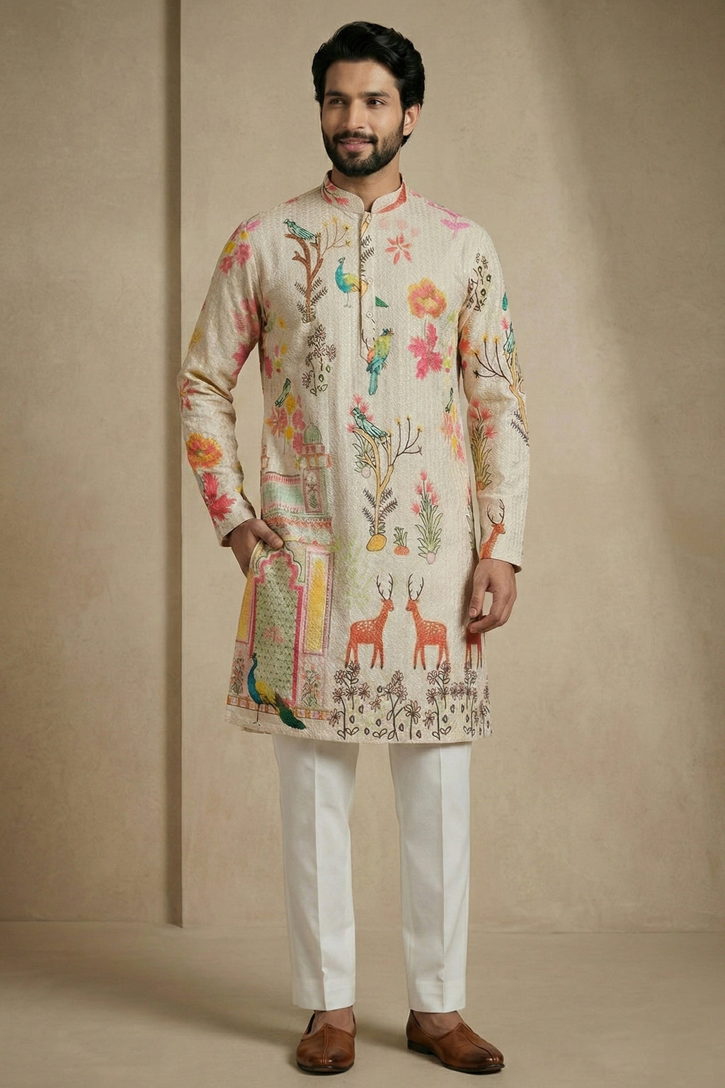 Beige Cotton Digital Printed Kurta Pajama