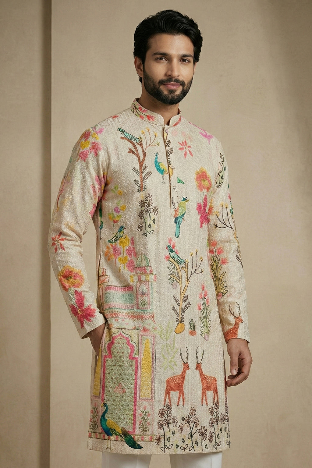 Beige Cotton Digital Printed Kurta Pajama