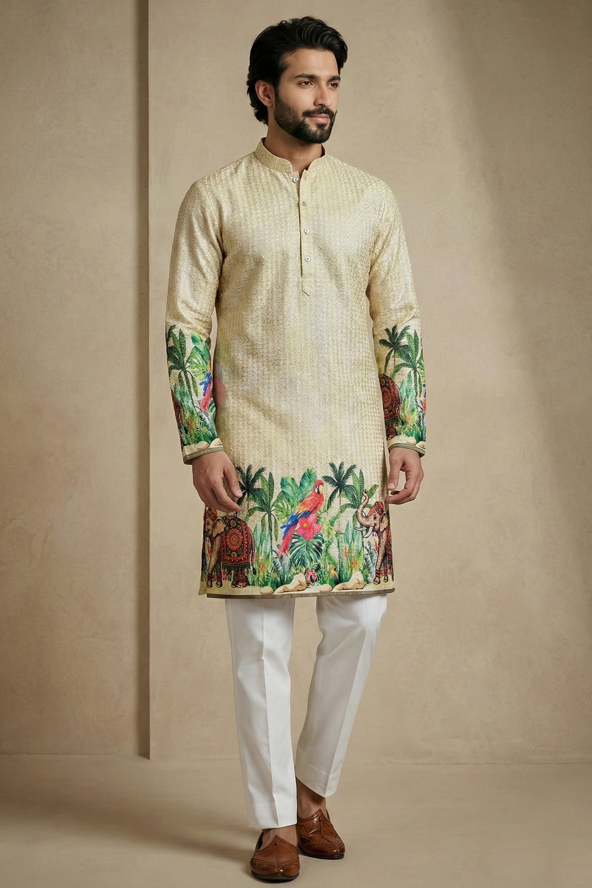 Light Beige Cotton Printed Kurta Pajama