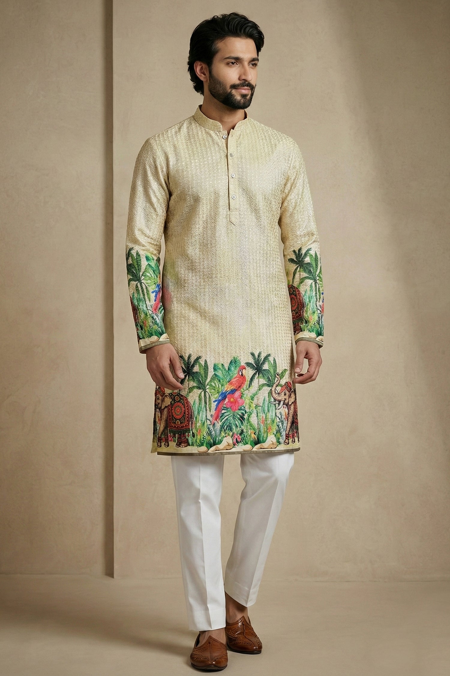 Light Beige Cotton Printed Kurta Pajama