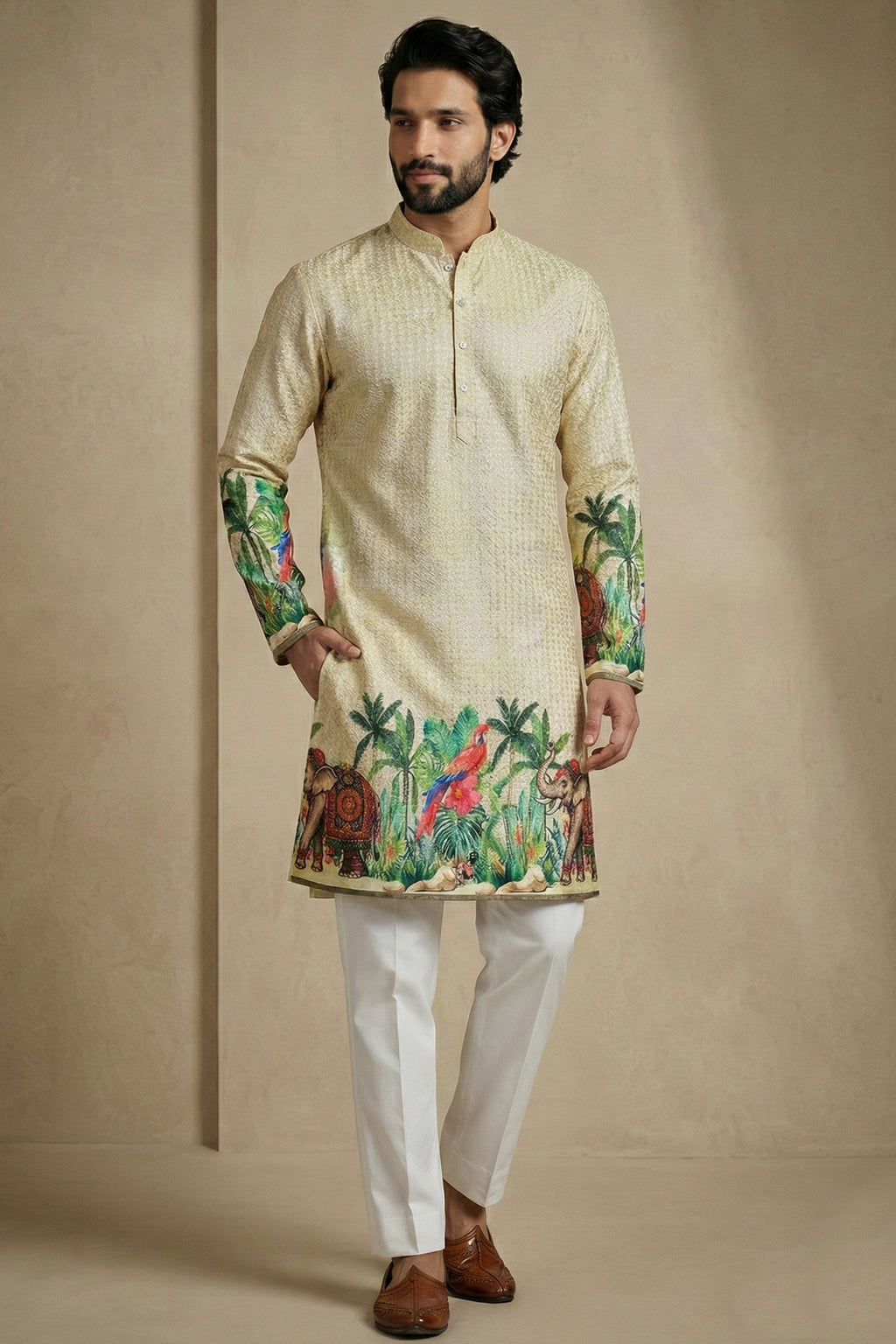 Light Beige Cotton Printed Kurta Pajama