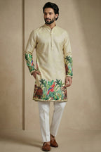 Light Beige Cotton Printed Kurta Pajama