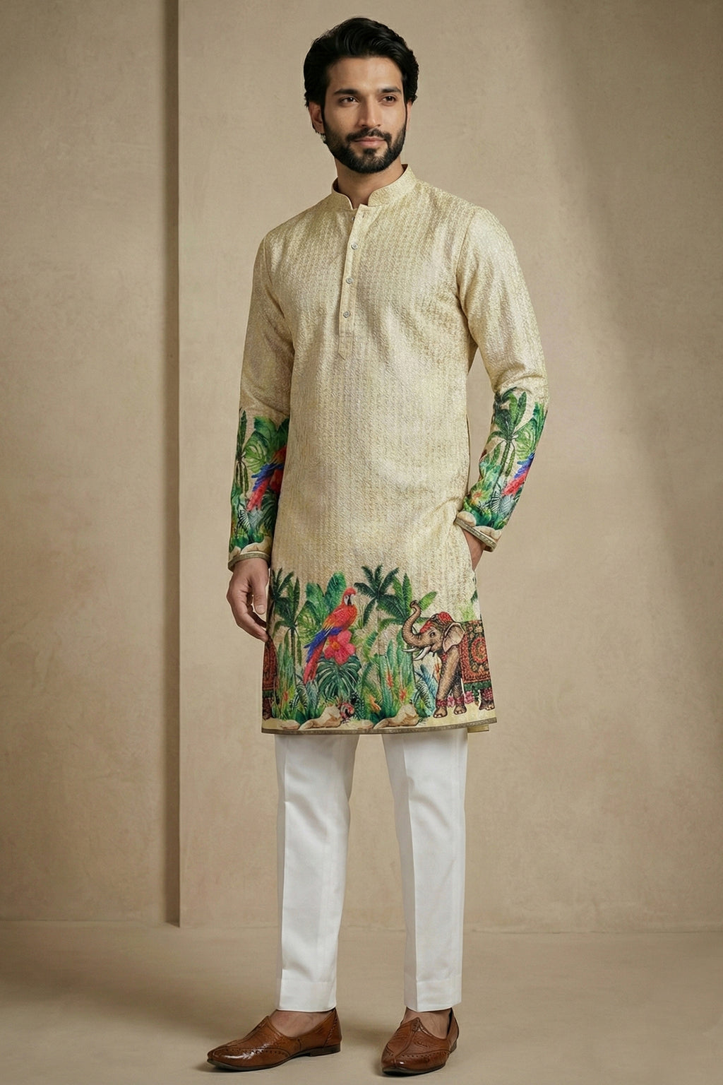 Light Beige Cotton Printed Kurta Pajama