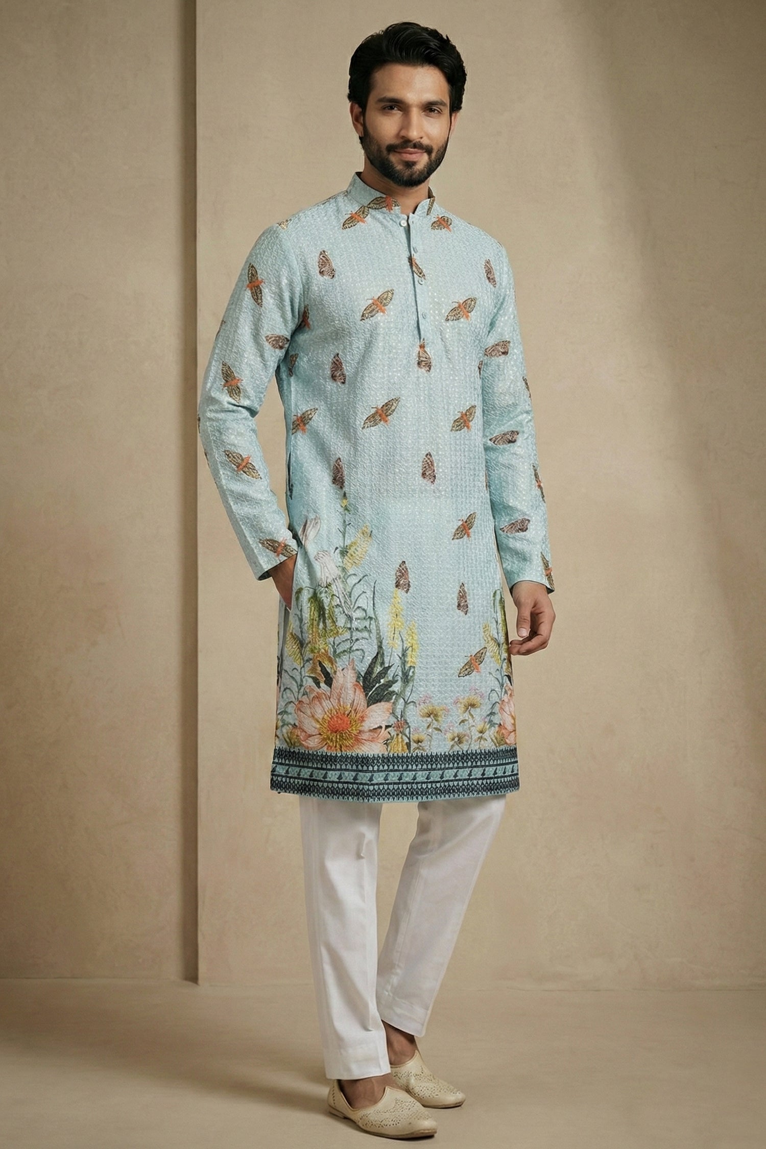 Light Blue Cotton Printed Kurta Pajama