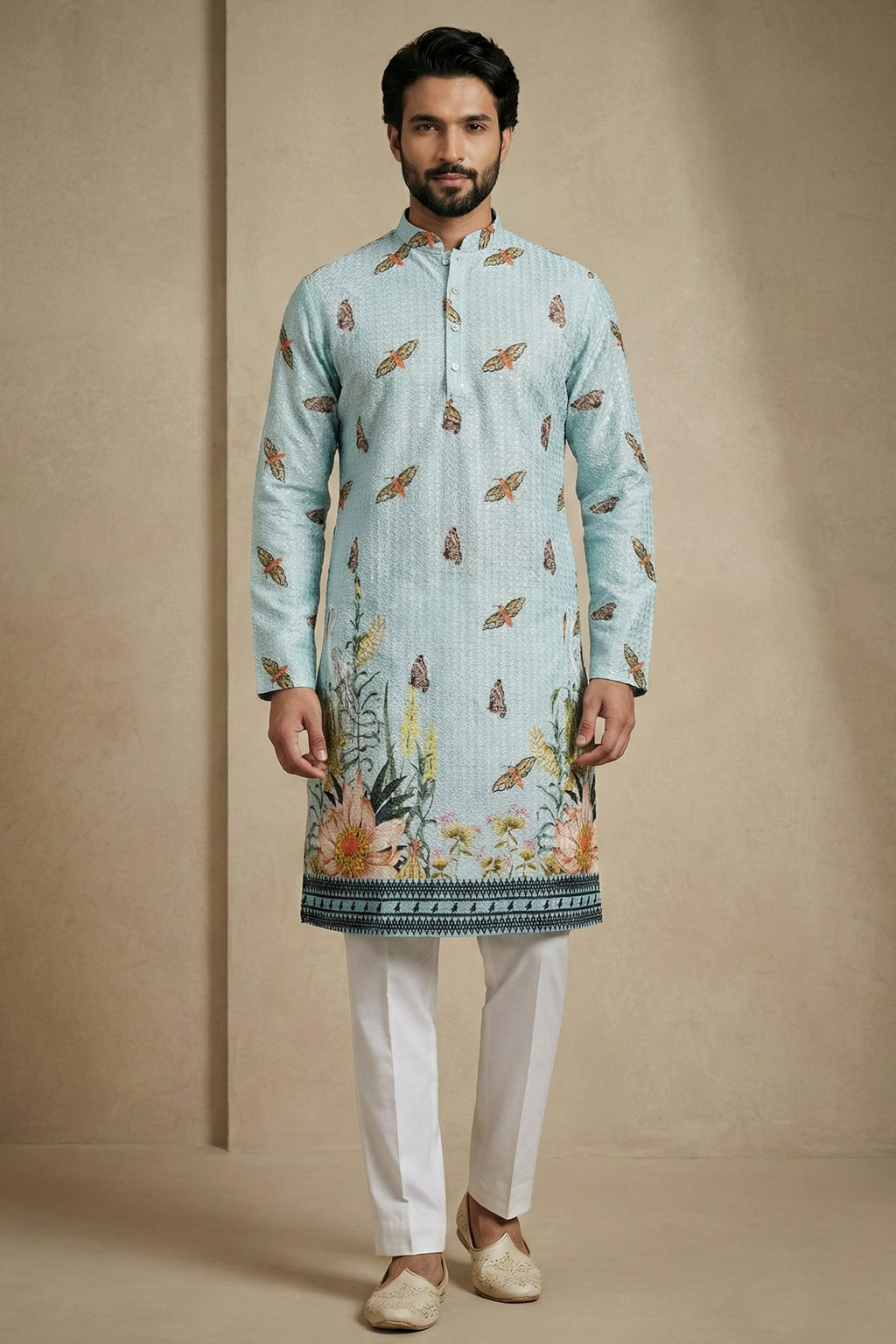 Light Blue Cotton Printed Kurta Pajama