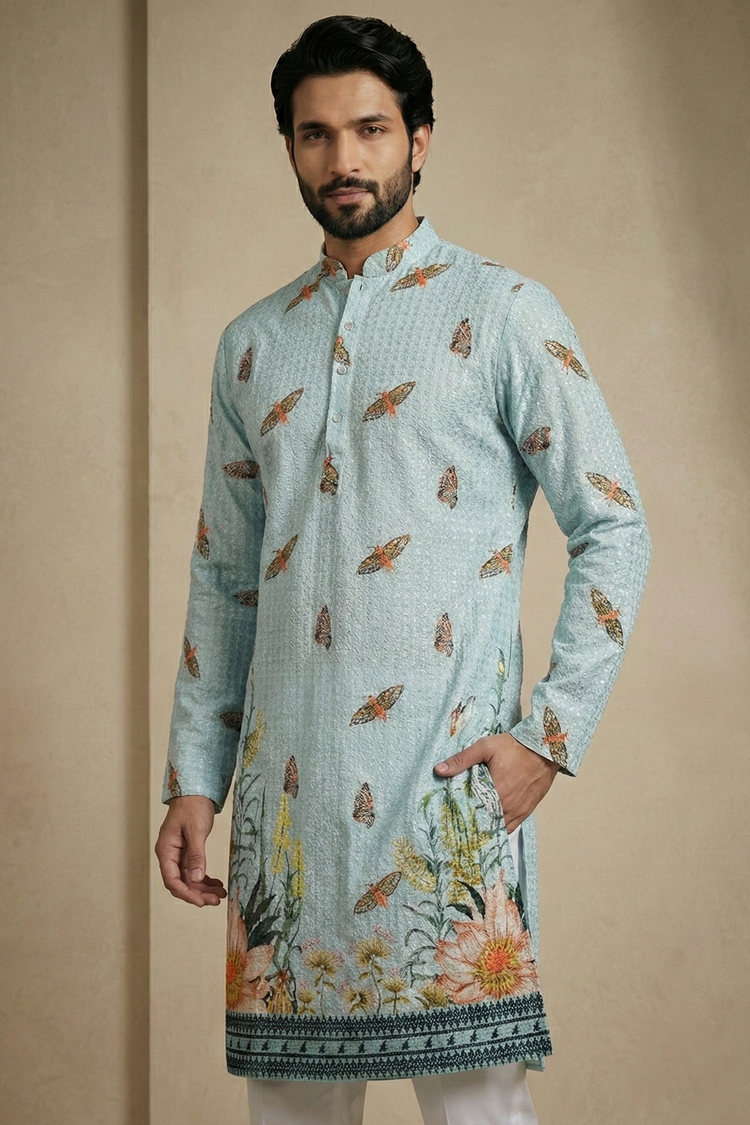 Light Blue Cotton Printed Kurta Pajama