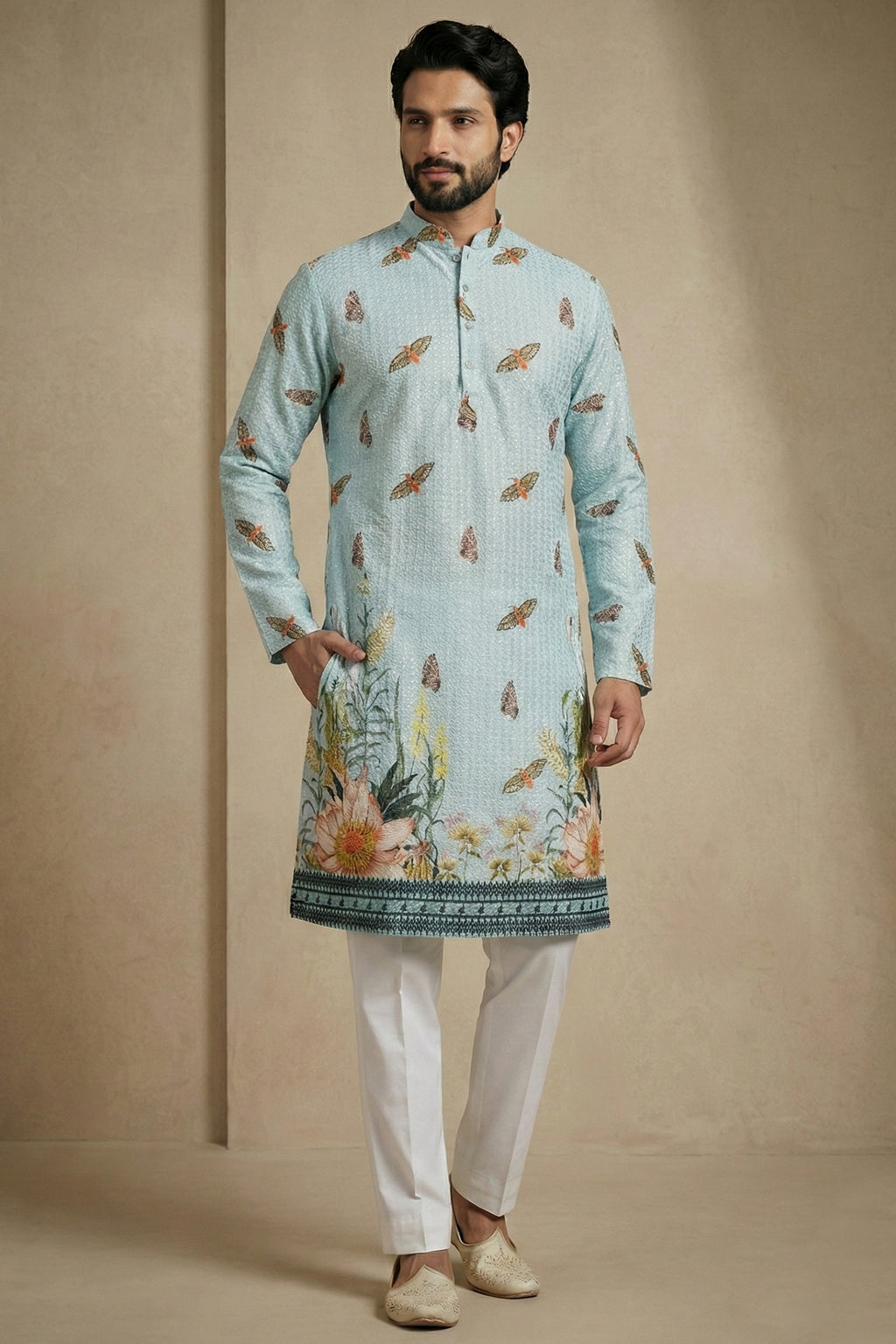 Light Blue Cotton Printed Kurta Pajama