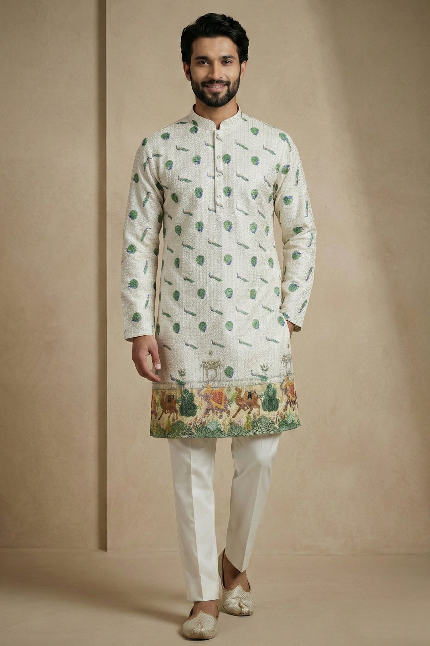 Green Cotton Printed Kurta Pajama