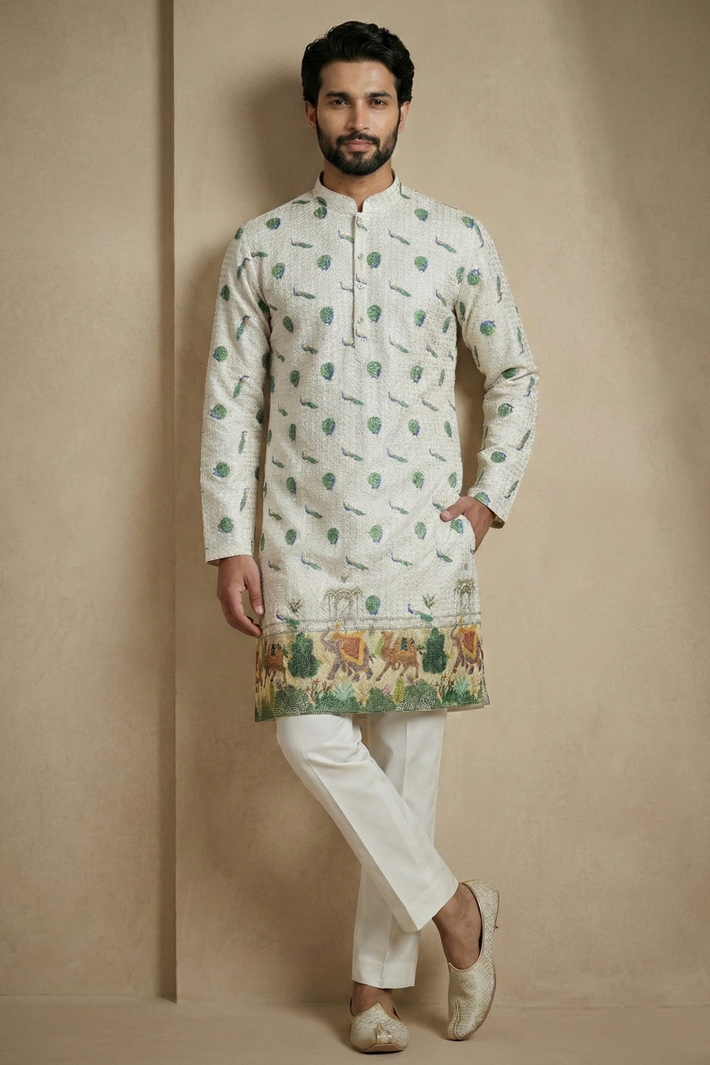 Green Cotton Printed Kurta Pajama