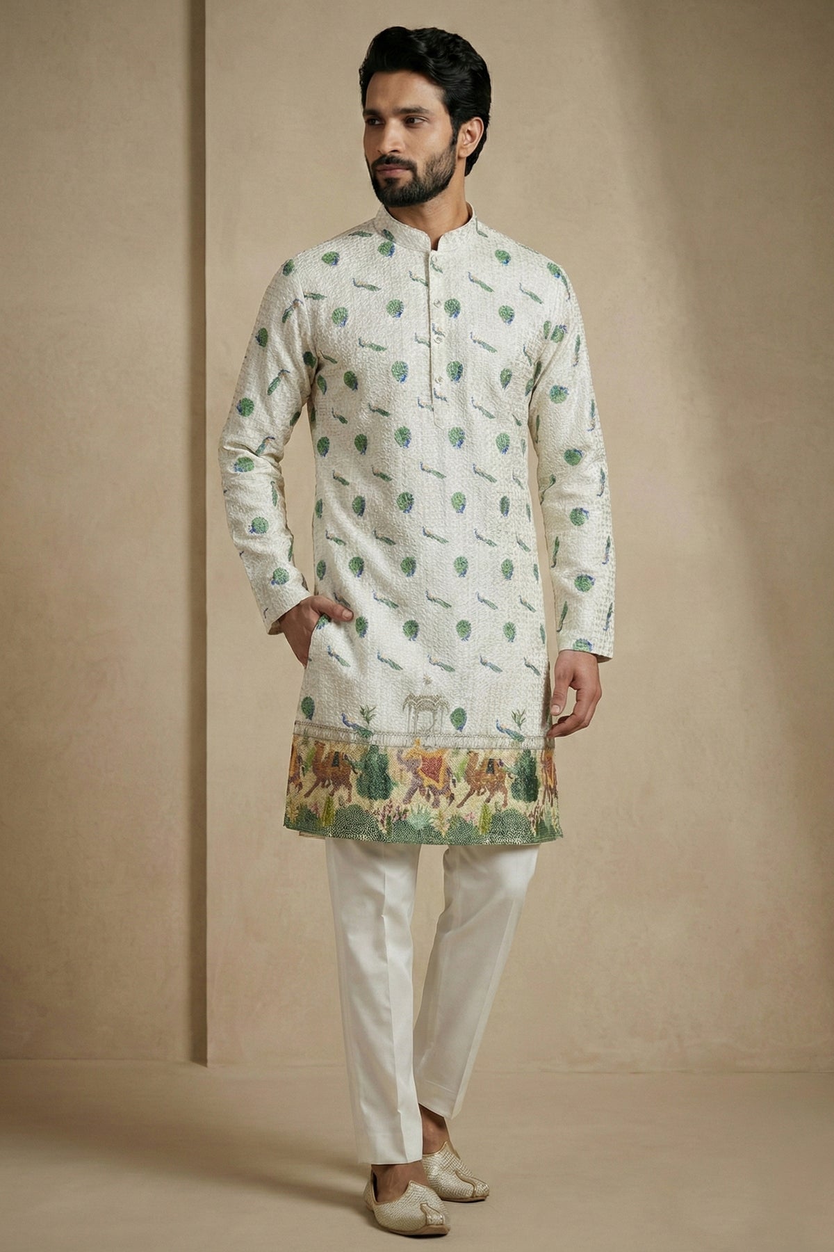 Green Cotton Printed Kurta Pajama
