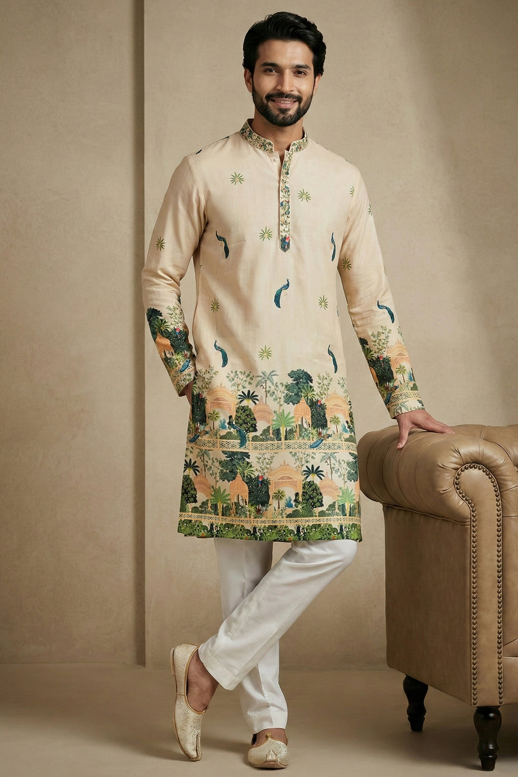 Light Cream Cotton Printed Kurta Pajama