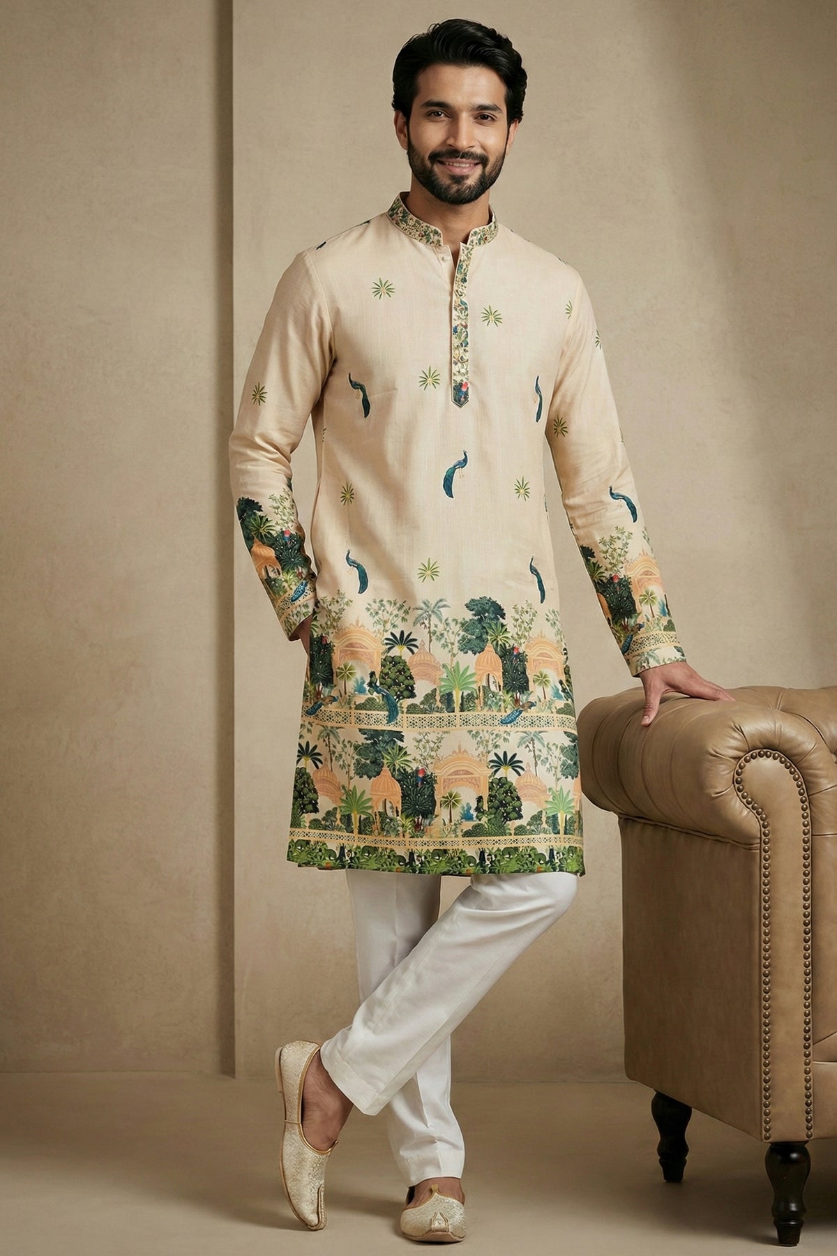 Light Cream Cotton Printed Kurta Pajama