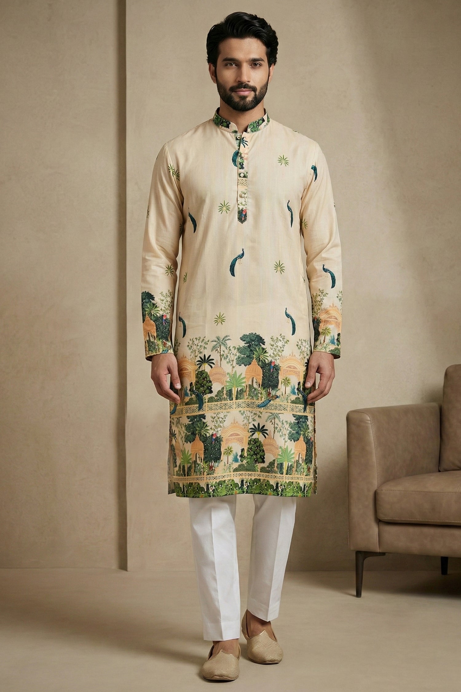 Light Cream Cotton Printed Kurta Pajama Main image