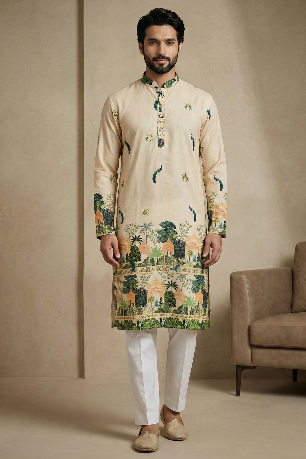 Light Cream Cotton Printed Kurta Pajama