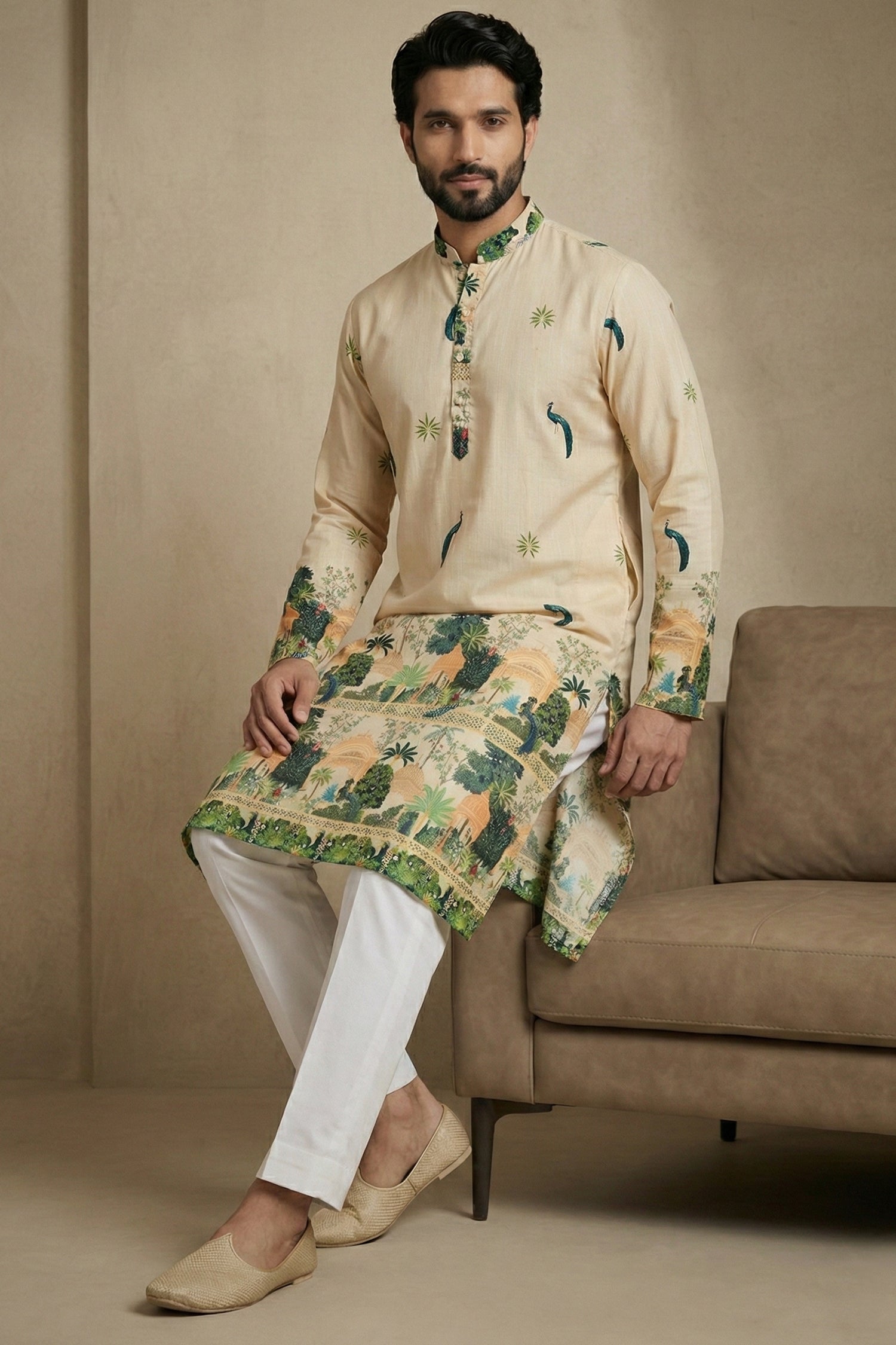 Light Cream Cotton Printed Kurta Pajama