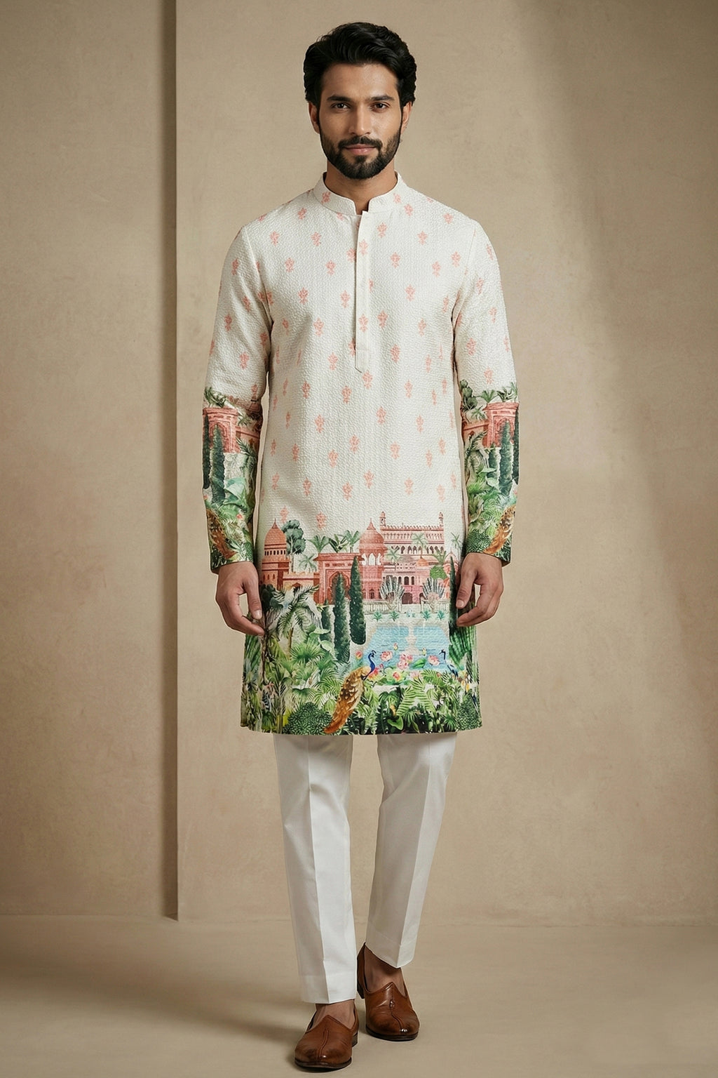 Off White Cotton Printed Kurta Pajama