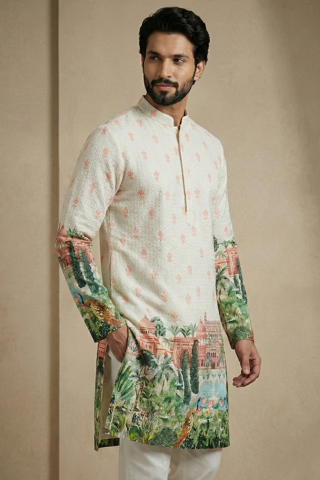 Off White Cotton Printed Kurta Pajama