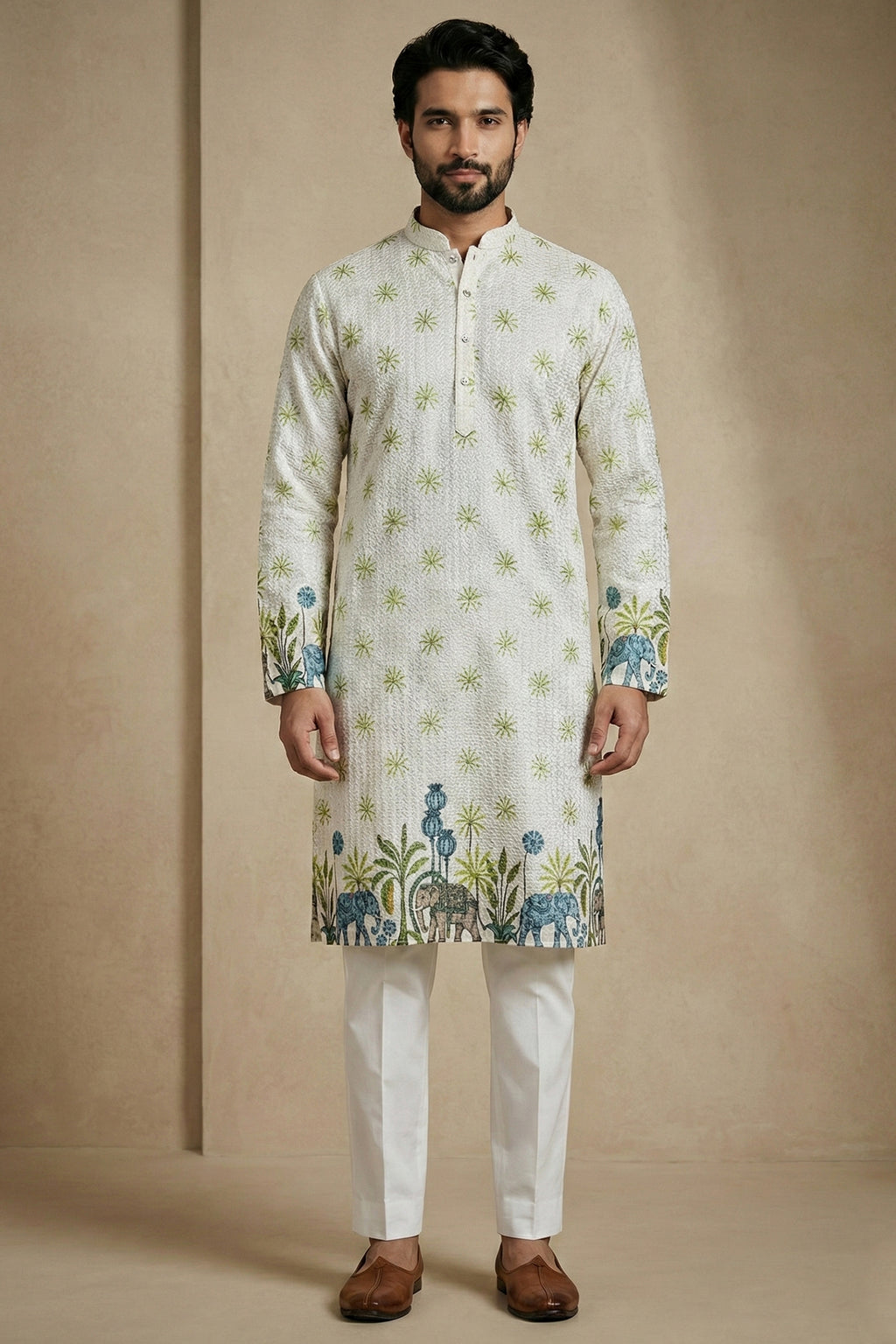 Off White Cotton Printed Kurta Pajama