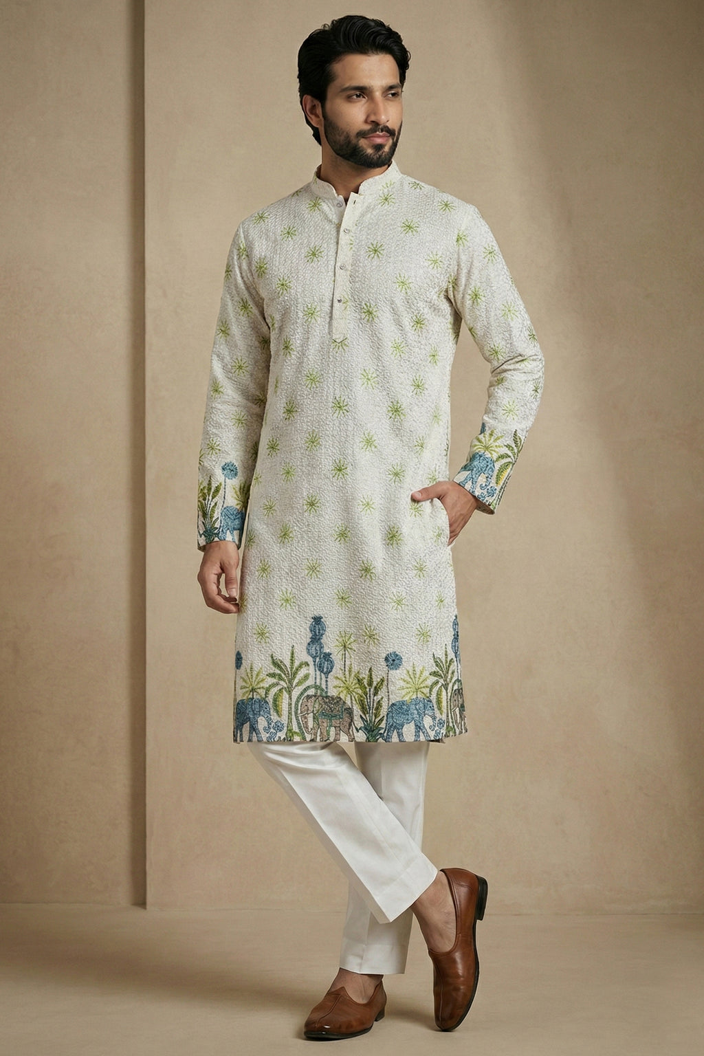 Off White Cotton Printed Kurta Pajama