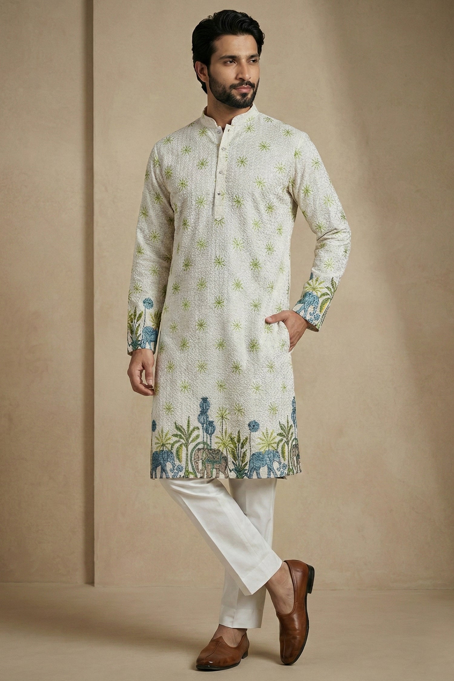 Off White Cotton Printed Kurta Pajama