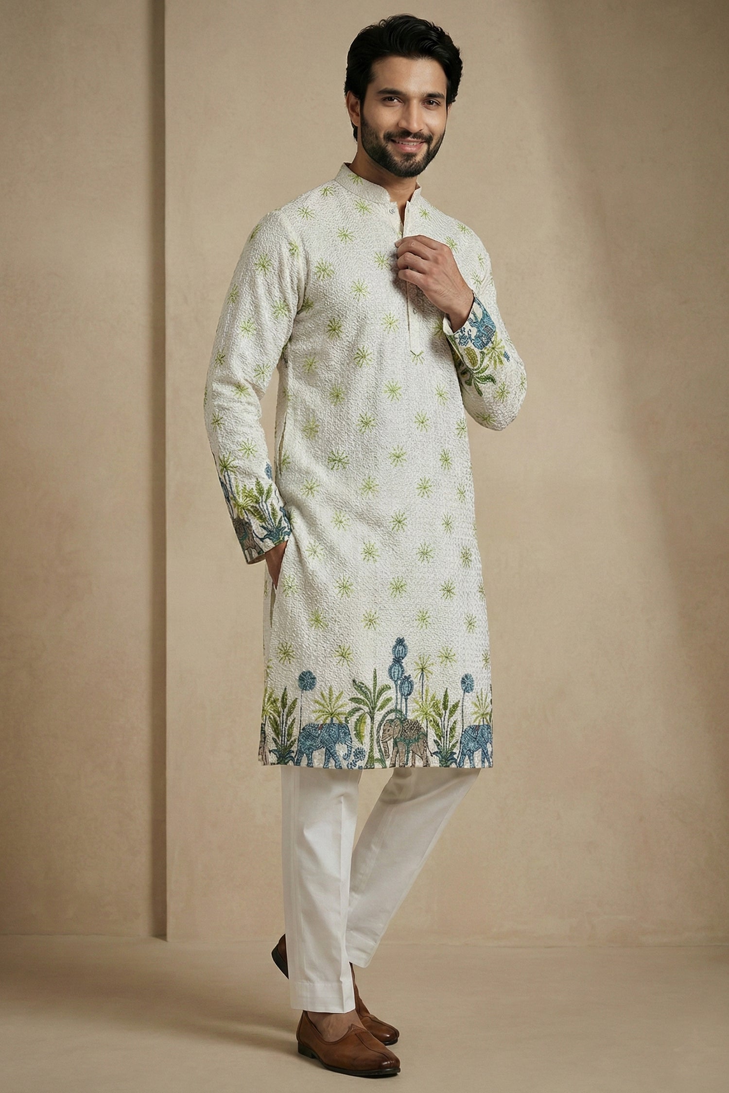 Off White Cotton Printed Kurta Pajama