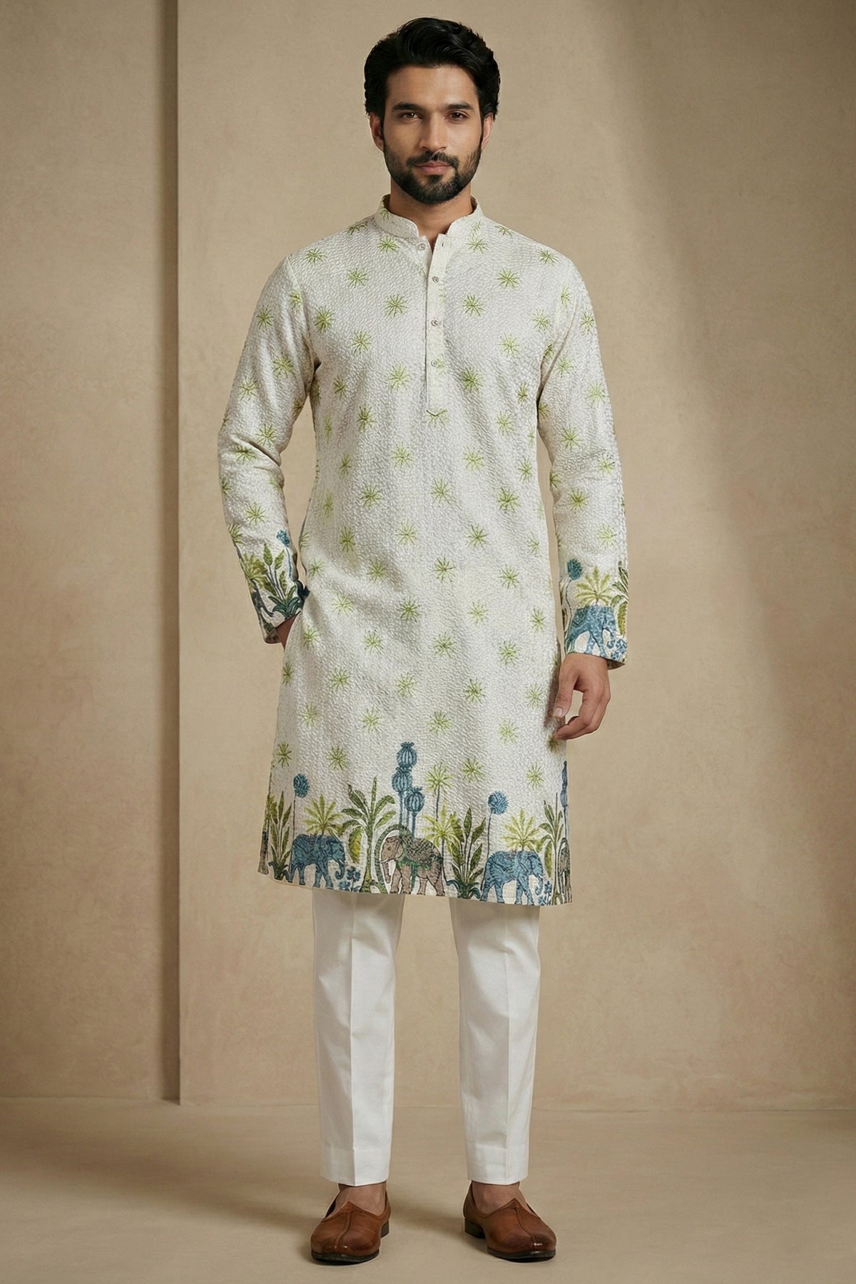 Off White Cotton Printed Kurta Pajama