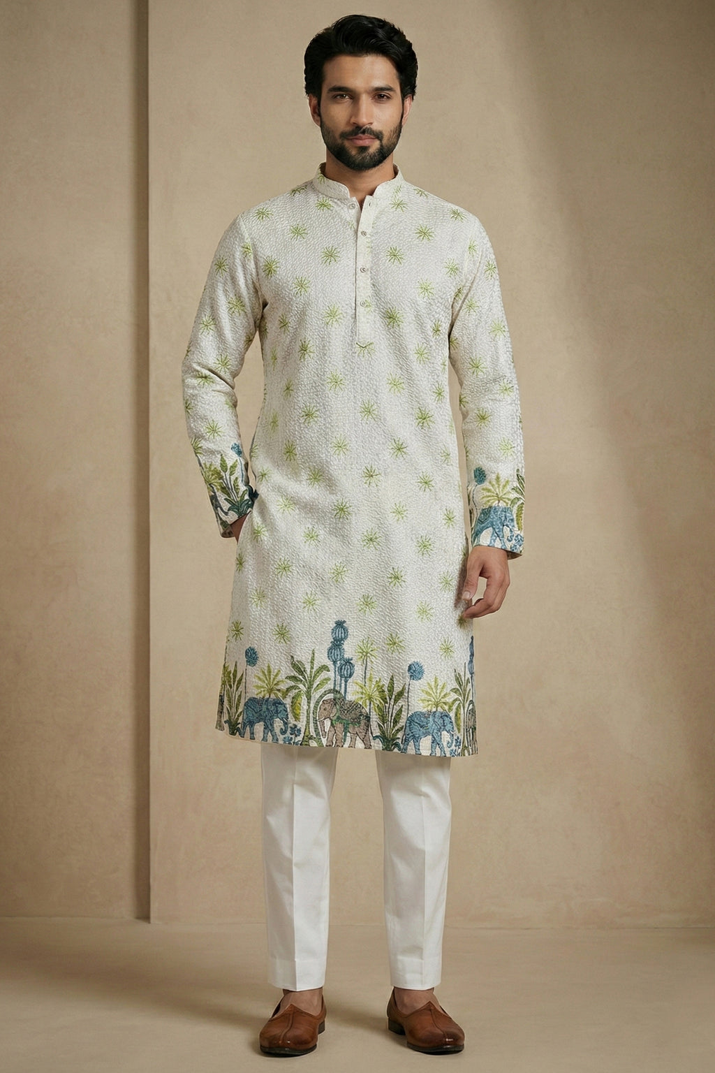 Off White Cotton Printed Kurta Pajama