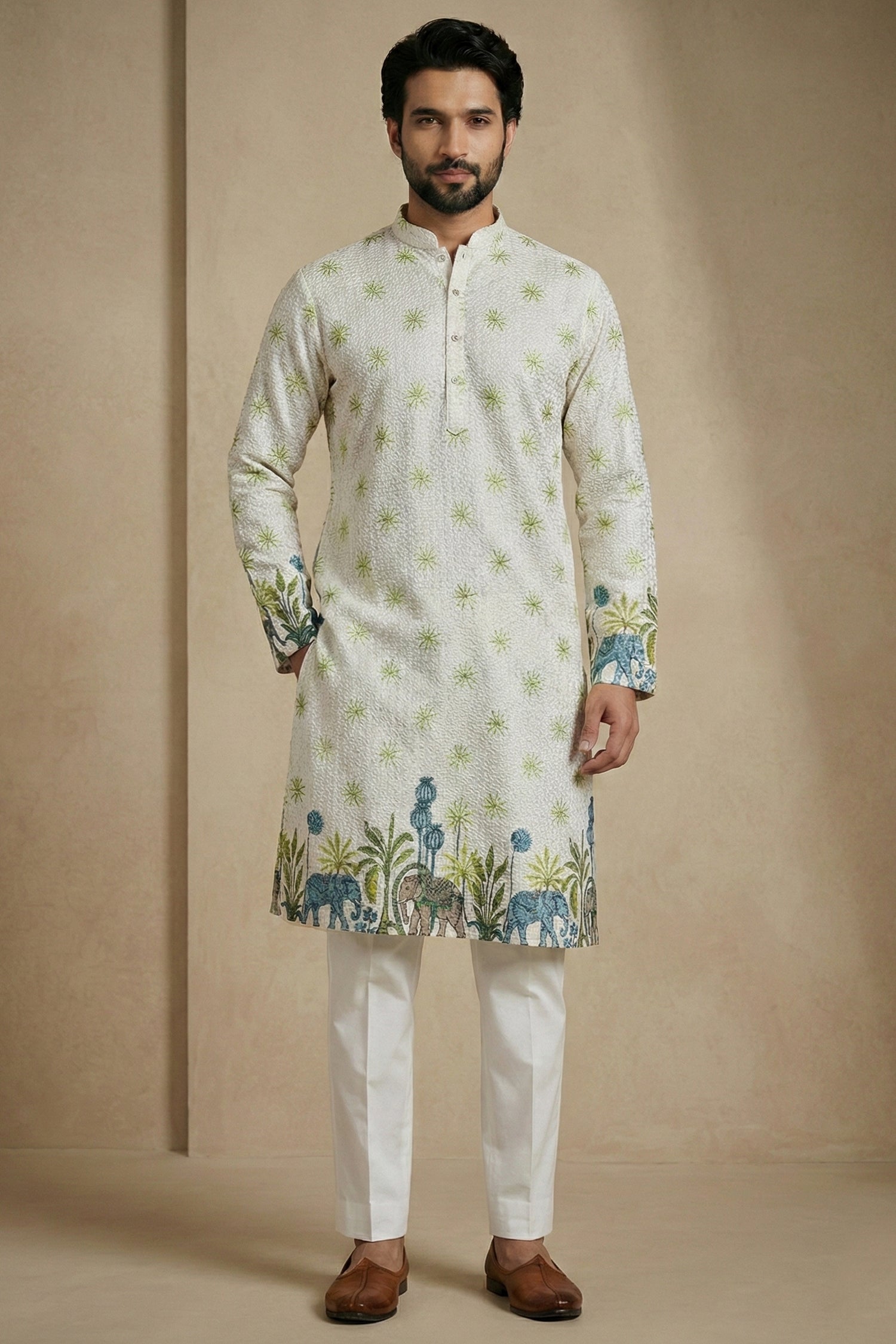 Off White Cotton Printed Kurta Pajama