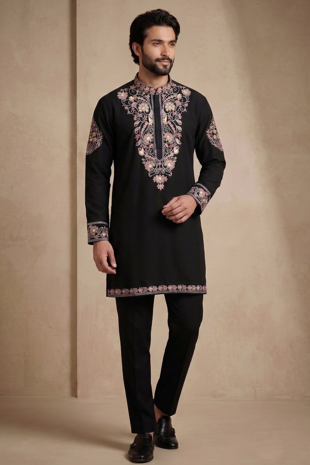Black Silk Embroidered Kurta Set