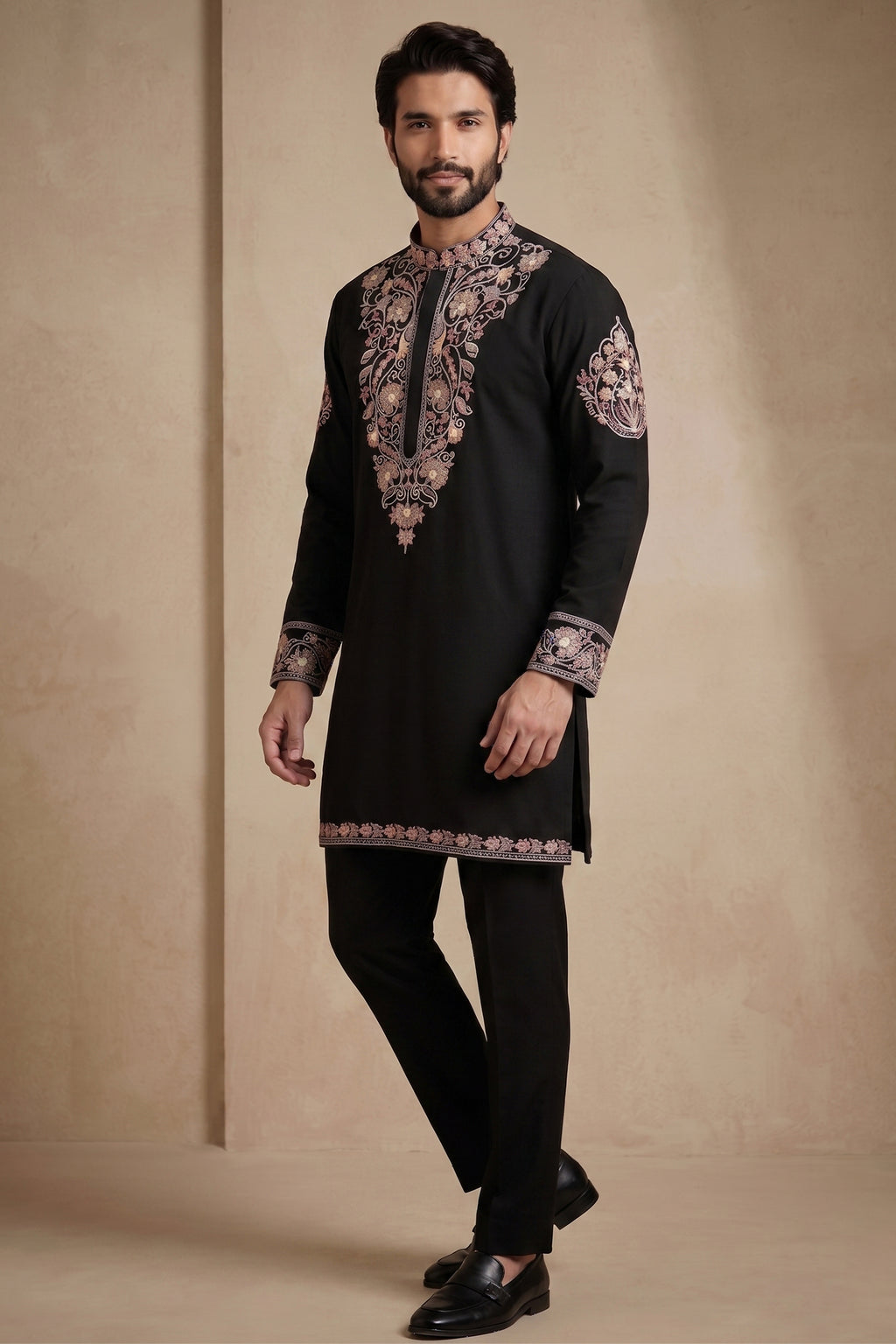 Black Silk Embroidered Kurta Set