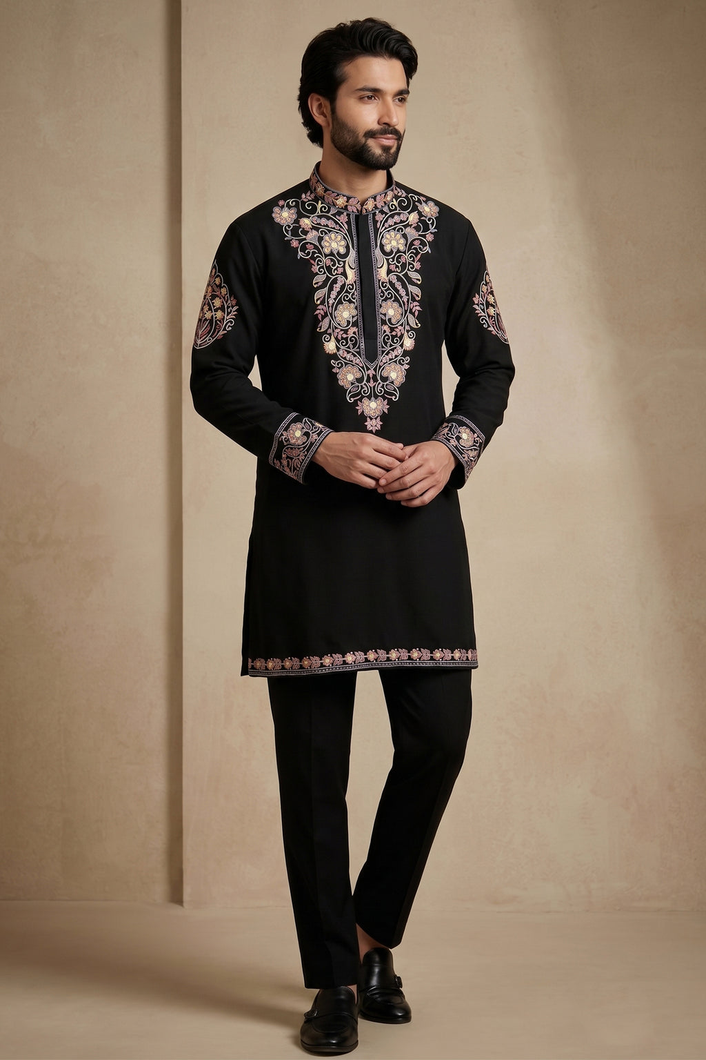 Black Silk Embroidered Kurta Set