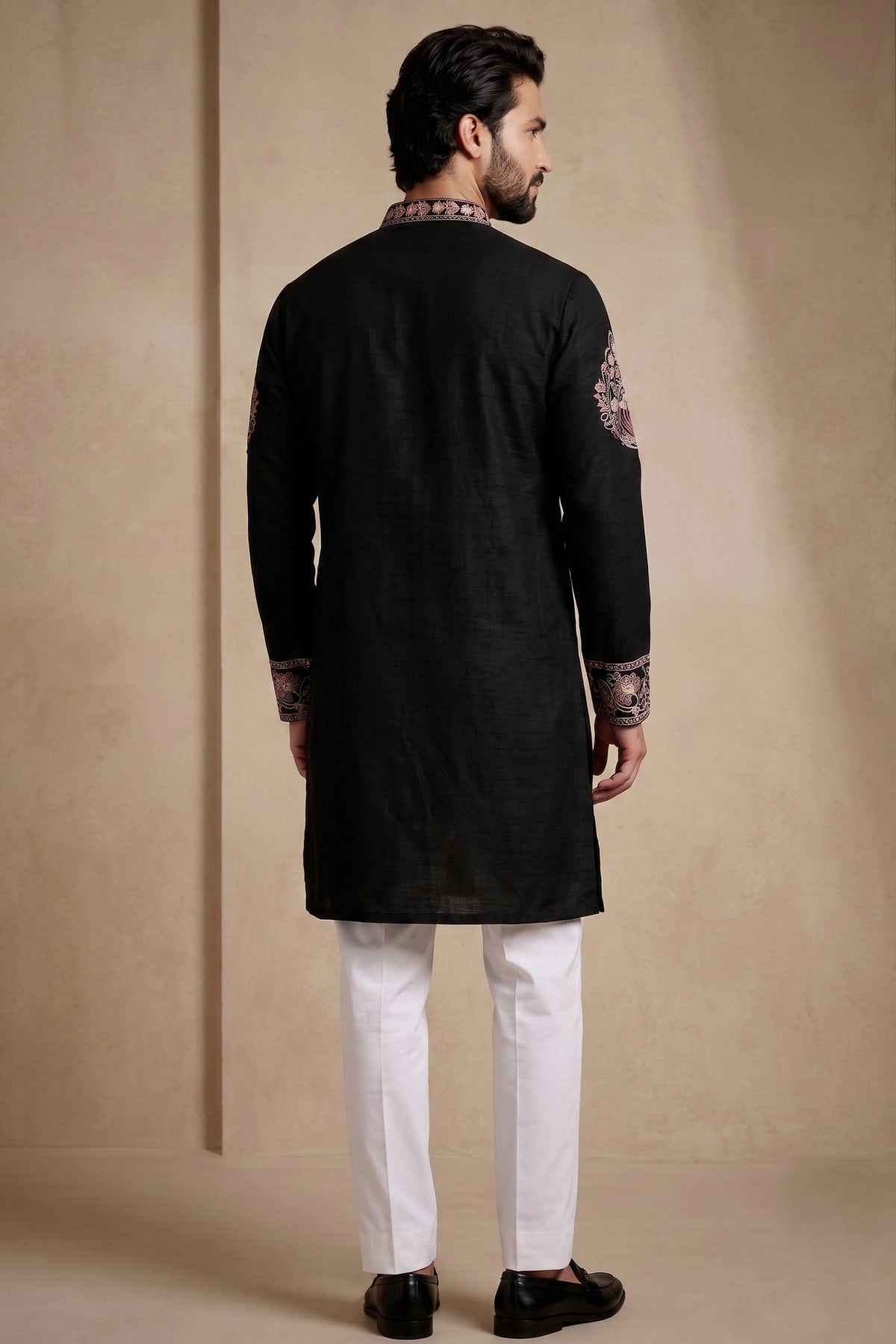 Black Silk Embroidered Kurta Set