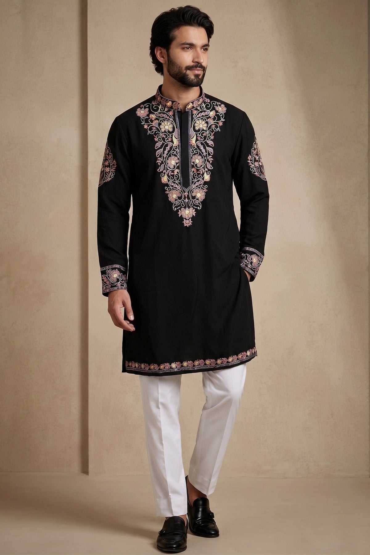 Black Silk Embroidered Kurta Set Main image