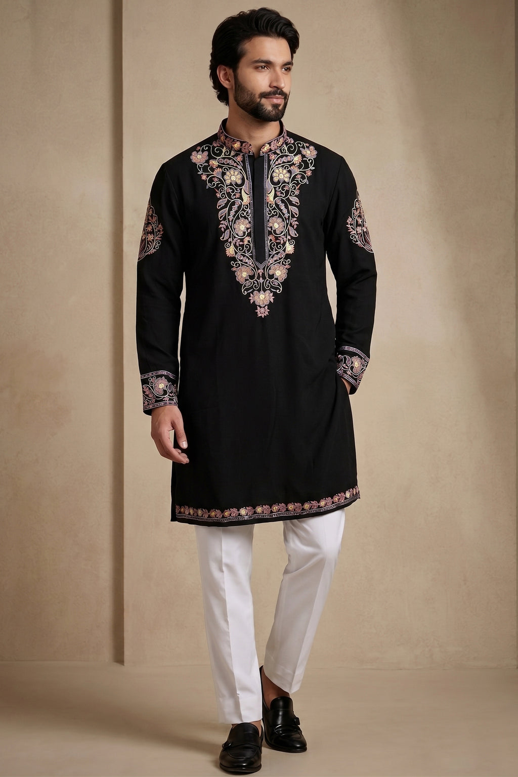 Black Silk Embroidered Kurta Set