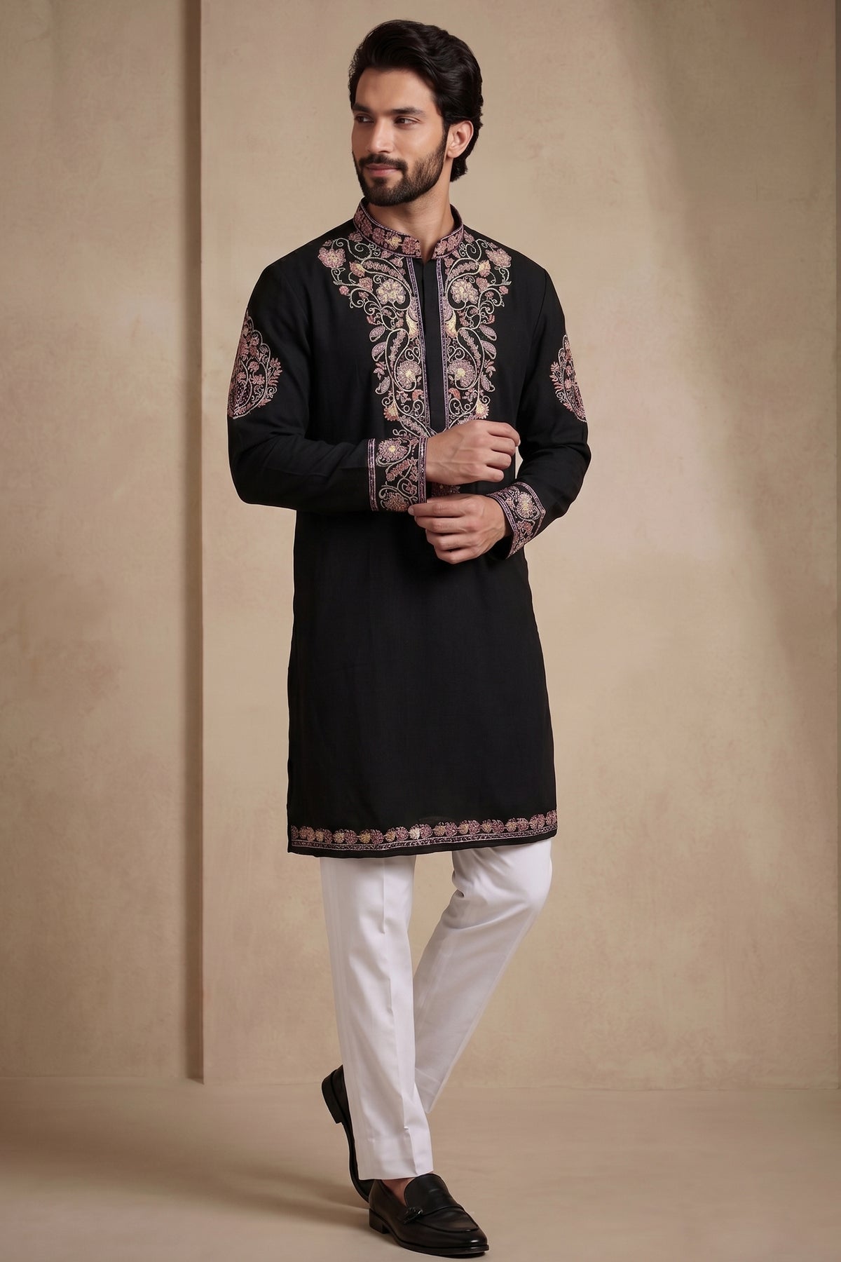 Black Silk Embroidered Kurta Set