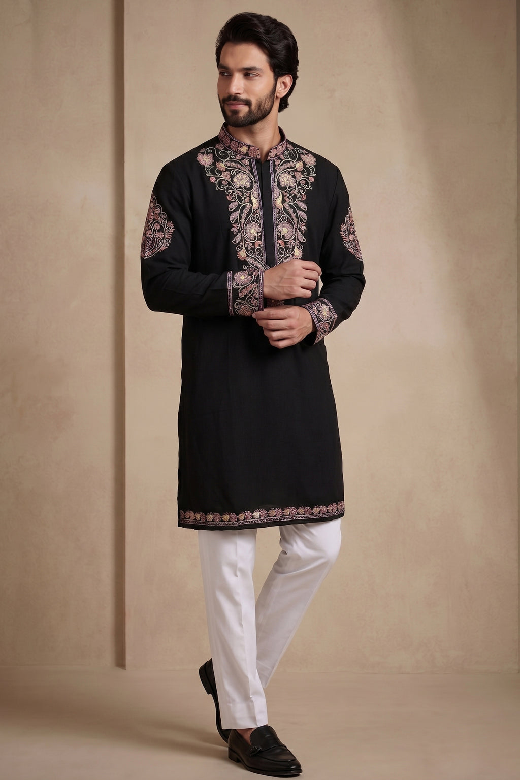Black Silk Embroidered Kurta Set