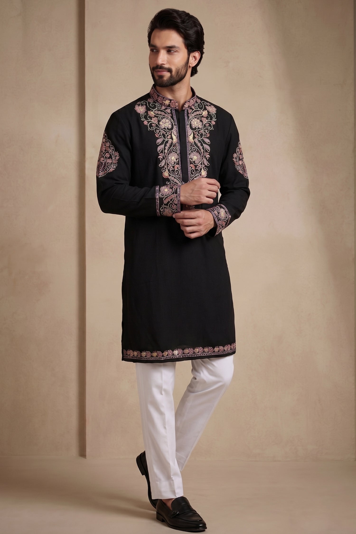 Black Silk Embroidered Kurta Set
