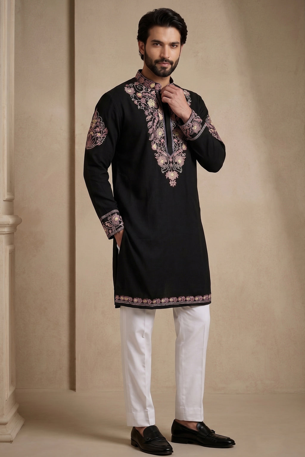 Black Silk Embroidered Kurta Set