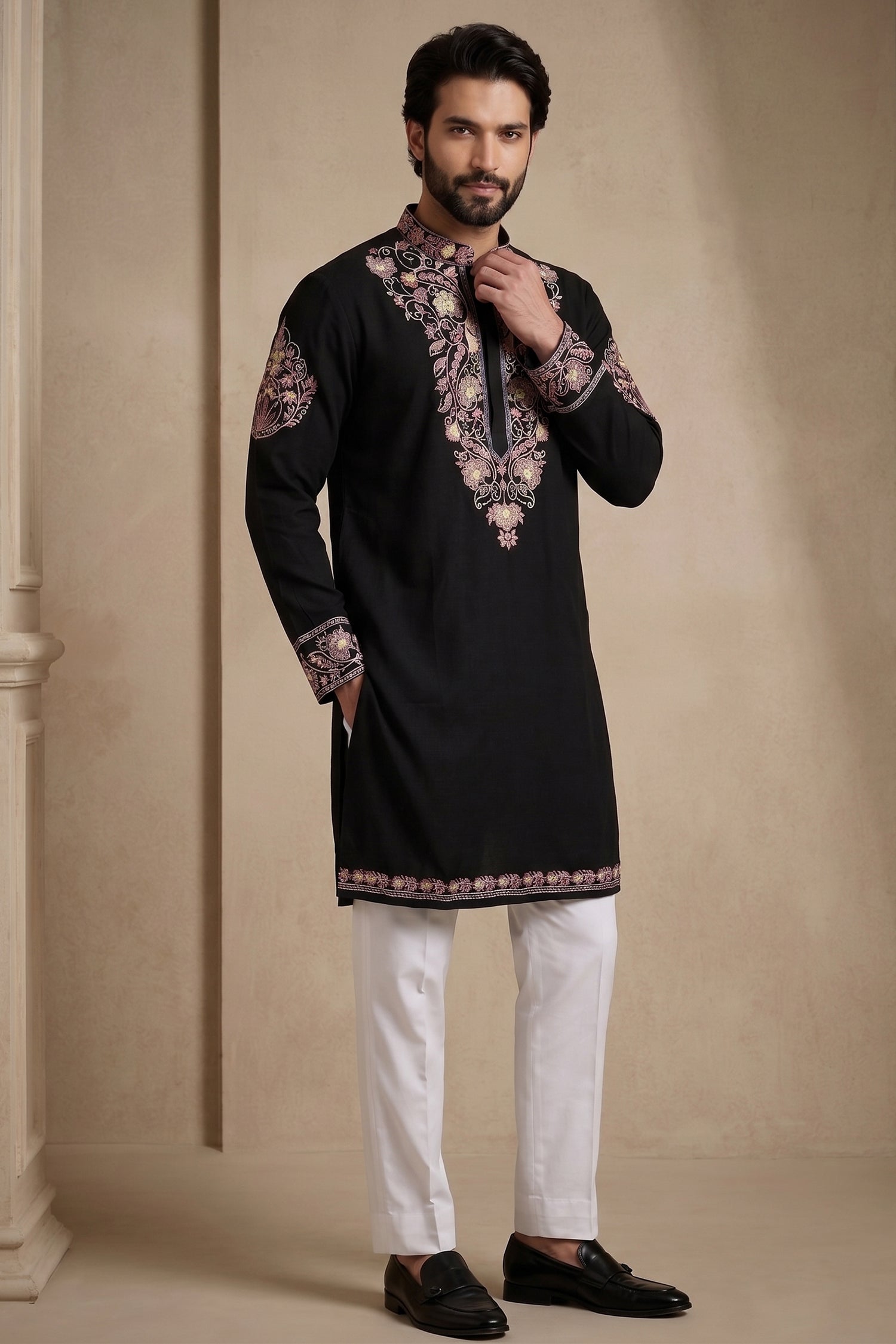 Black Silk Embroidered Kurta Set