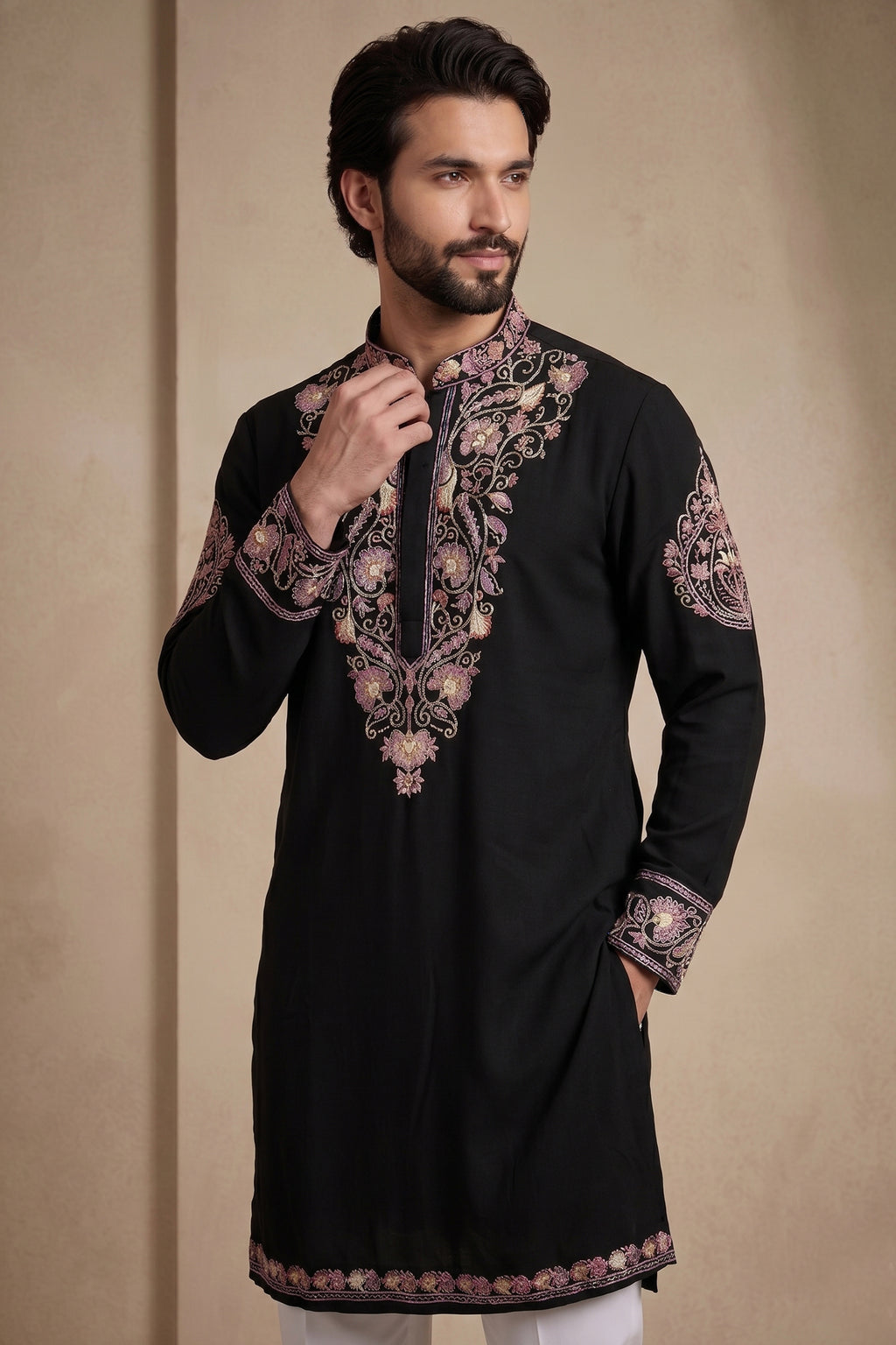 Black Silk Embroidered Kurta Set