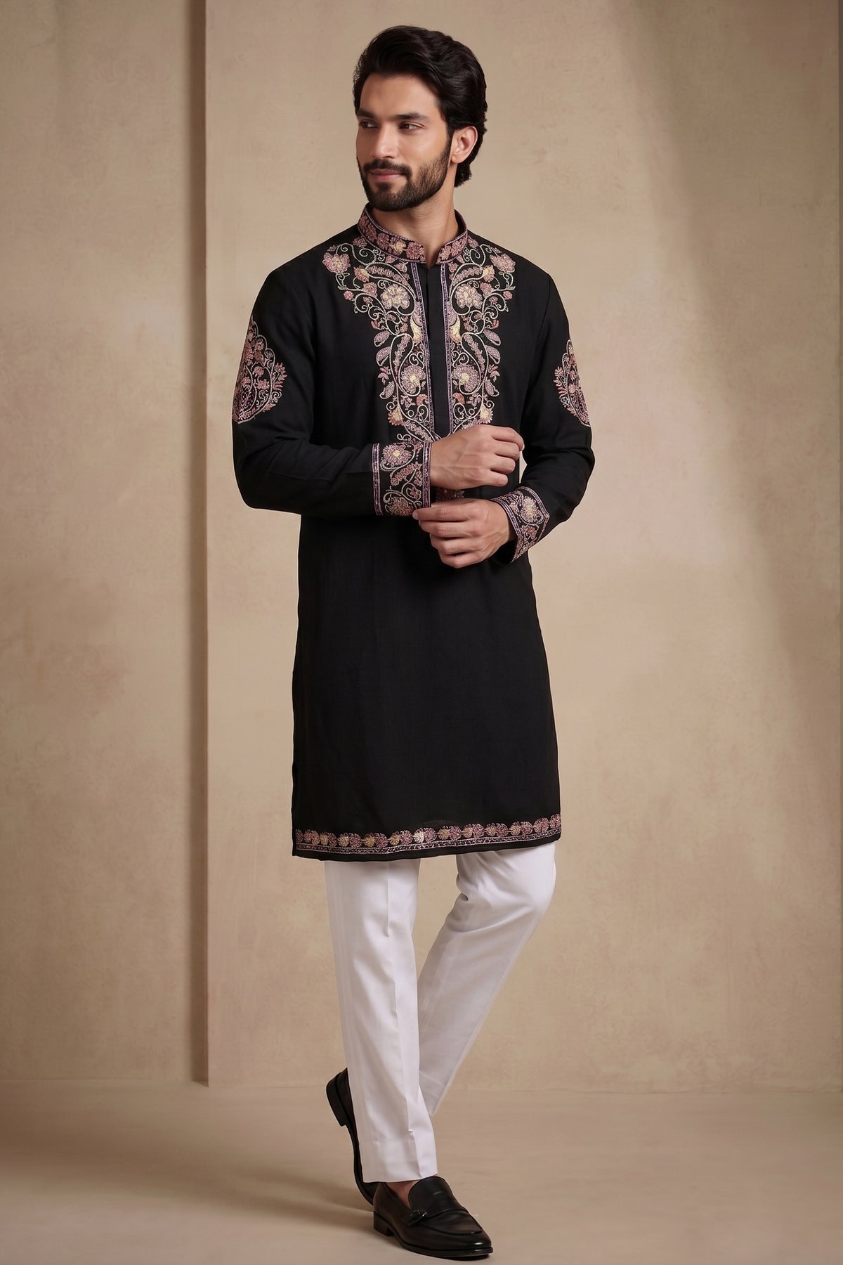 Black Silk Embroidered Kurta Set