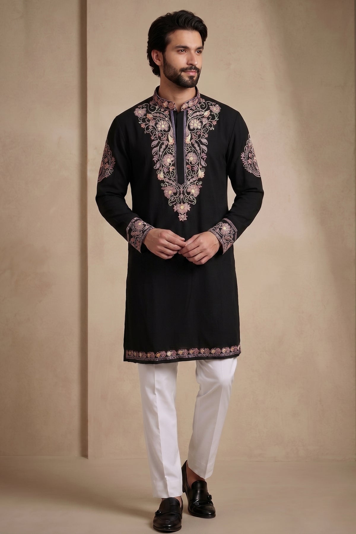 Black Silk Embroidered Kurta Set