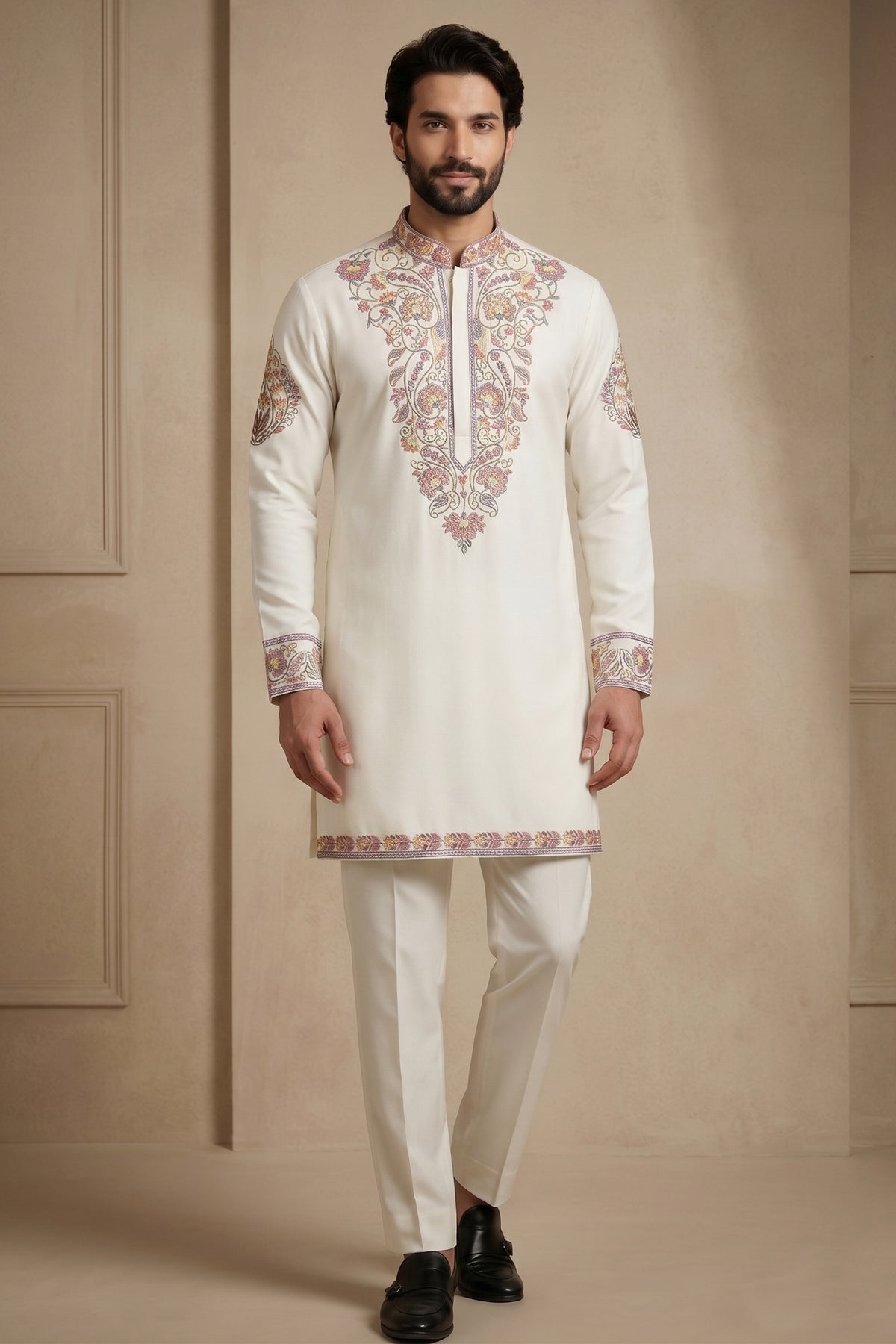 Pearl White Silk Embroidered Kurta Set